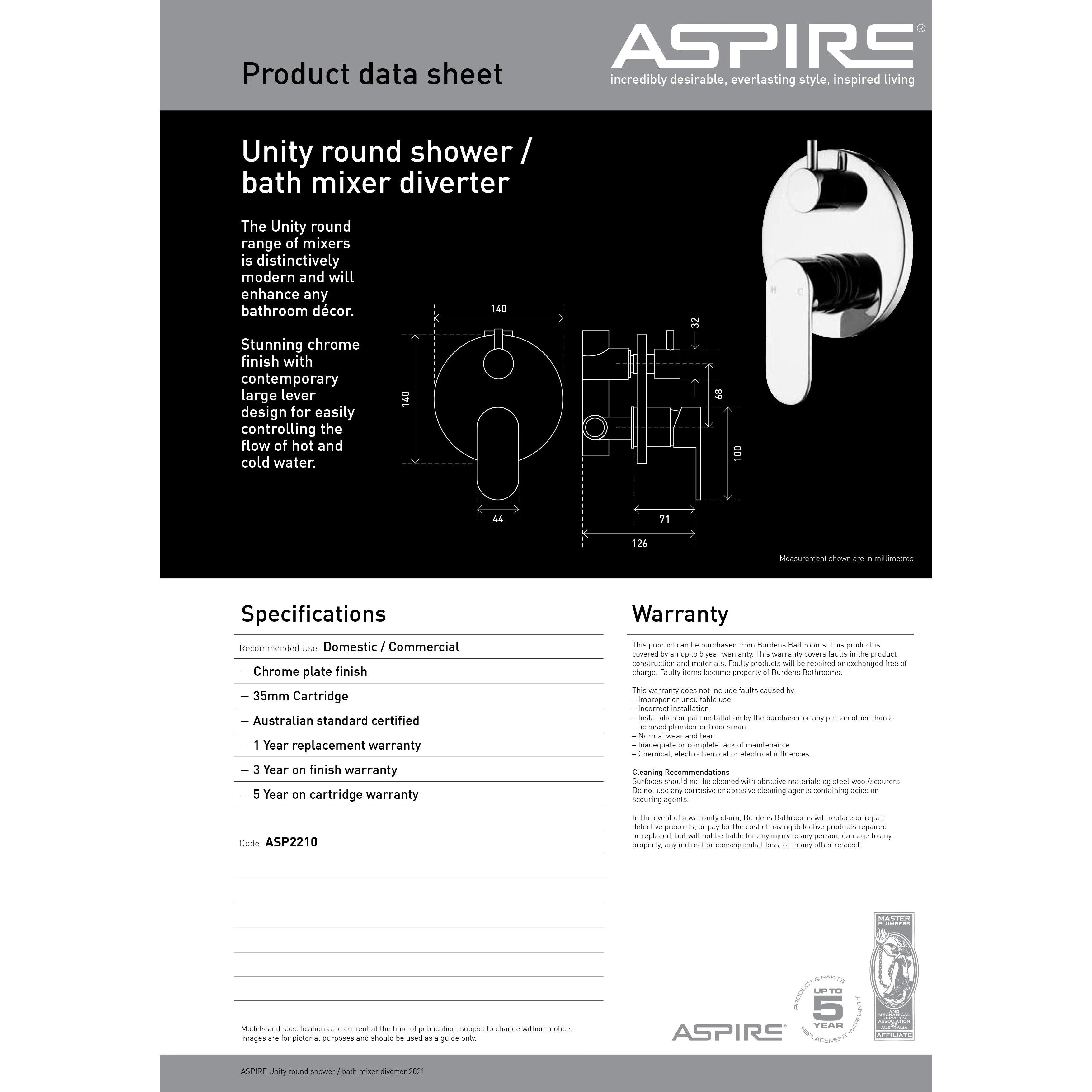 Aspire Unity **Round** Shower Mixer W/ Diverter Chrome - Image 7