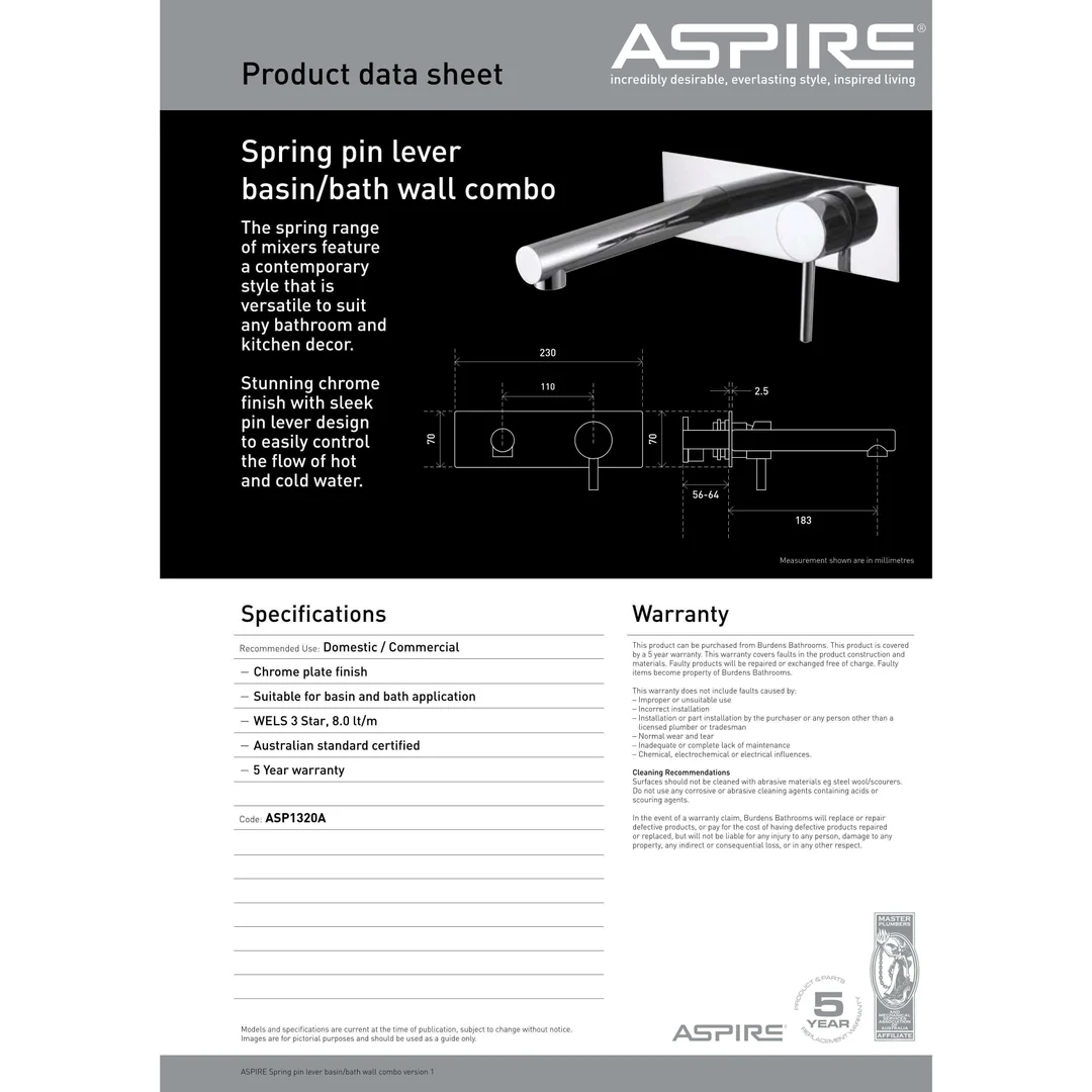 Aspire Spring Pin Lever Basin/Bath Combo Mixer - Image 4