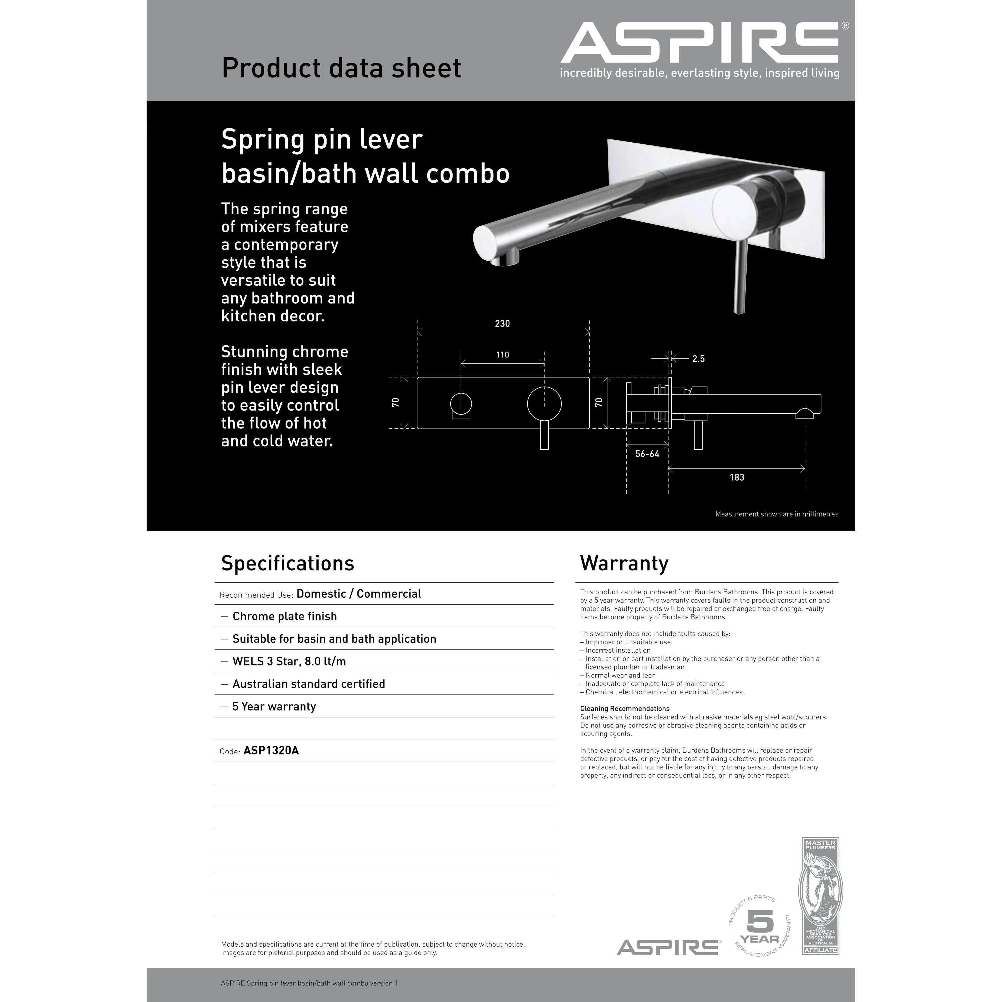 Aspire Spring Pin Lever Basin/Bath Combo Mixer - Image 7