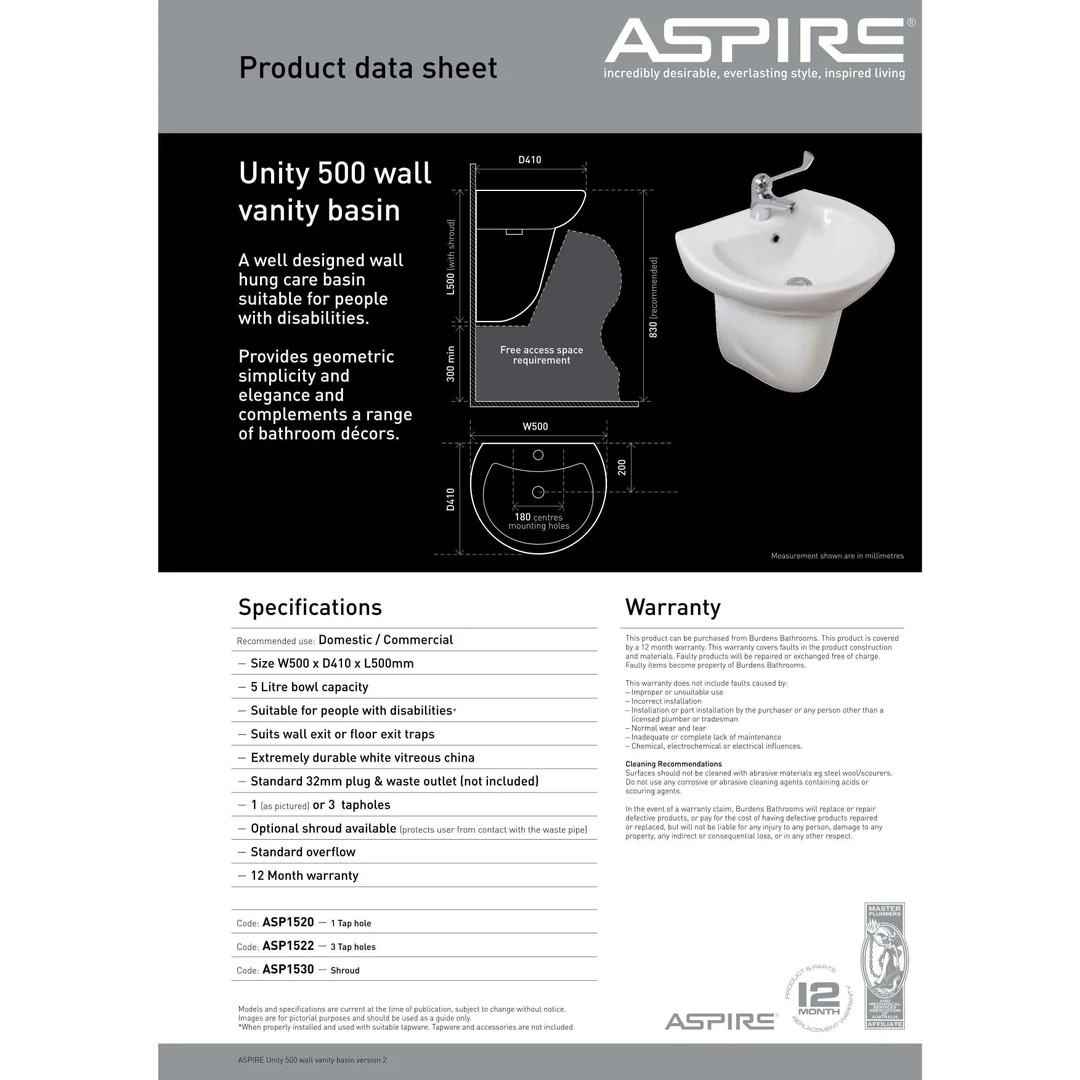 Aspire Unity 500 Wall Basin Only 500 X 410 3 Tap Hole White - Image 3