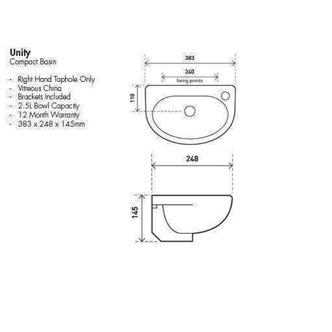Aspire Unity Compact Wall Hung Basin 383X248 1 Tap Hole Rhs White **Sbc- - Image 4