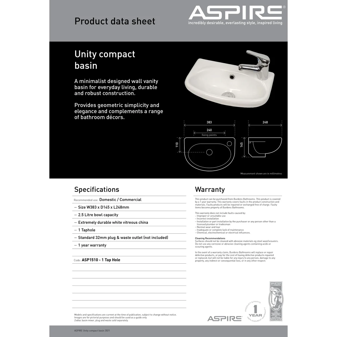 Aspire Unity Compact Wall Hung Basin 383X248 1 Tap Hole Rhs White **Sbc- - Image 5