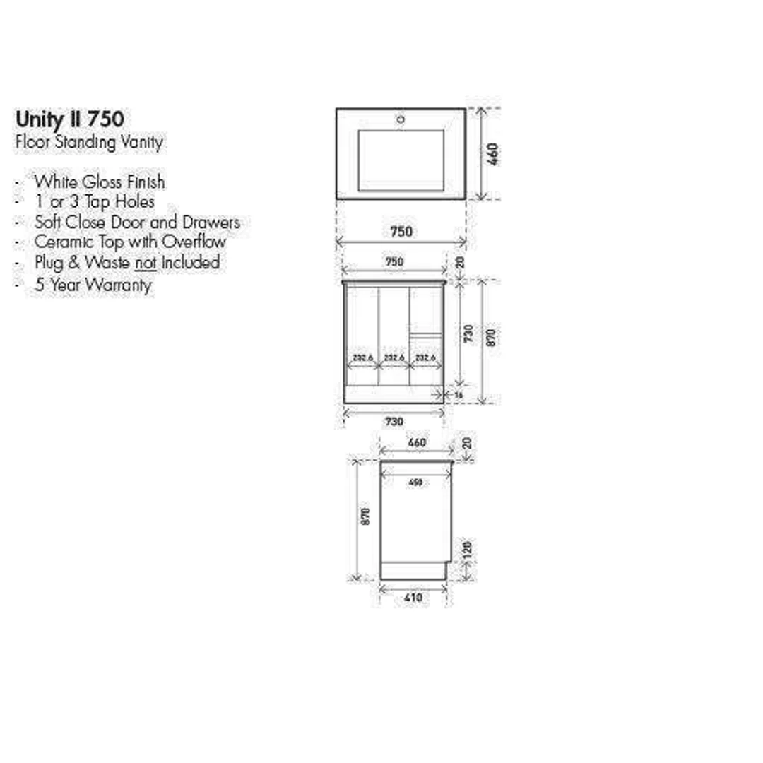 Aspire Unity II 750 Vanity 1 Tap Hole Floor C/W Sq Ceramic Top Whi - Image 3
