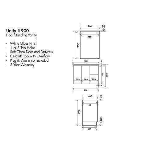 Aspire Unity II 900 Vanity Floor 1 Tap Hole C/W Sq Ceramic Top Whit Rh D - Image 5