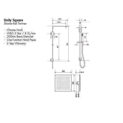 Aspire Unity Rail Shower Twinner Square C/P C/W Shower Head  ( Co - Image 5