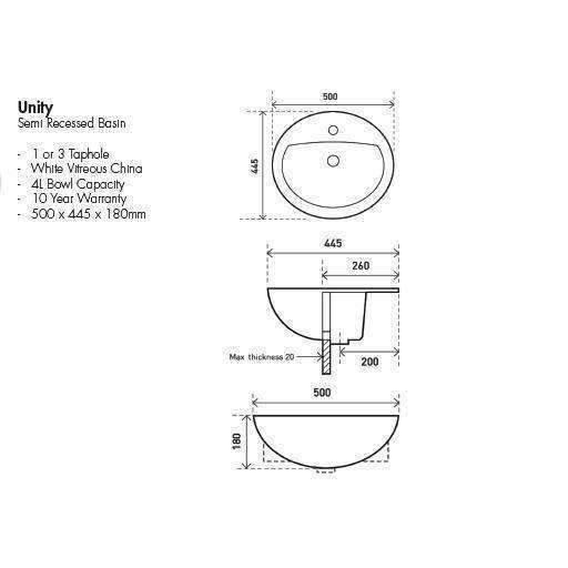 Aspire Unity Semi-Recess Round Basin 500X445 1 Tap Hole White **Sbc-205* - Image 5