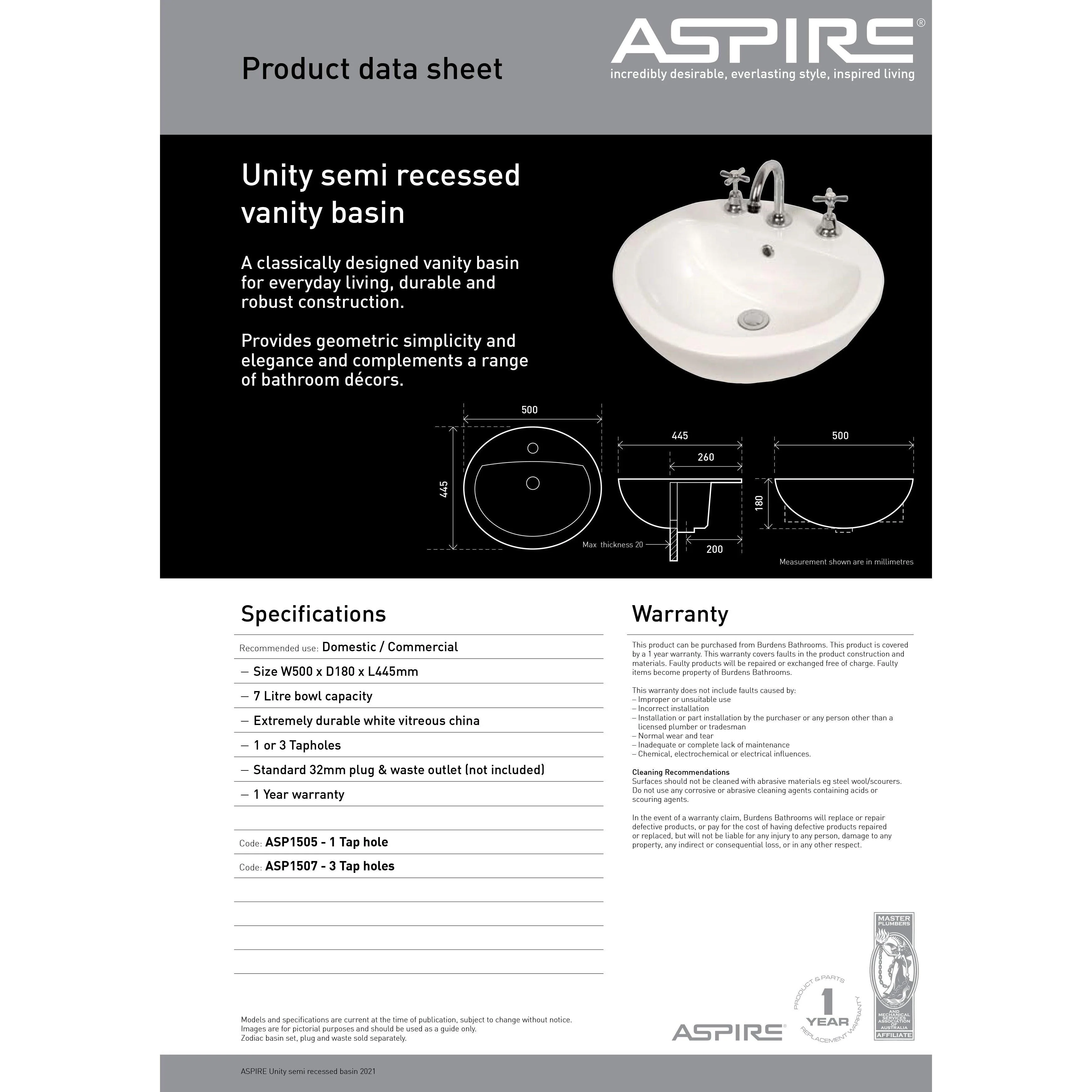 Aspire Unity Semi-Recess Round Basin 500X445 1 Tap Hole White **Sbc-205* - Image 6