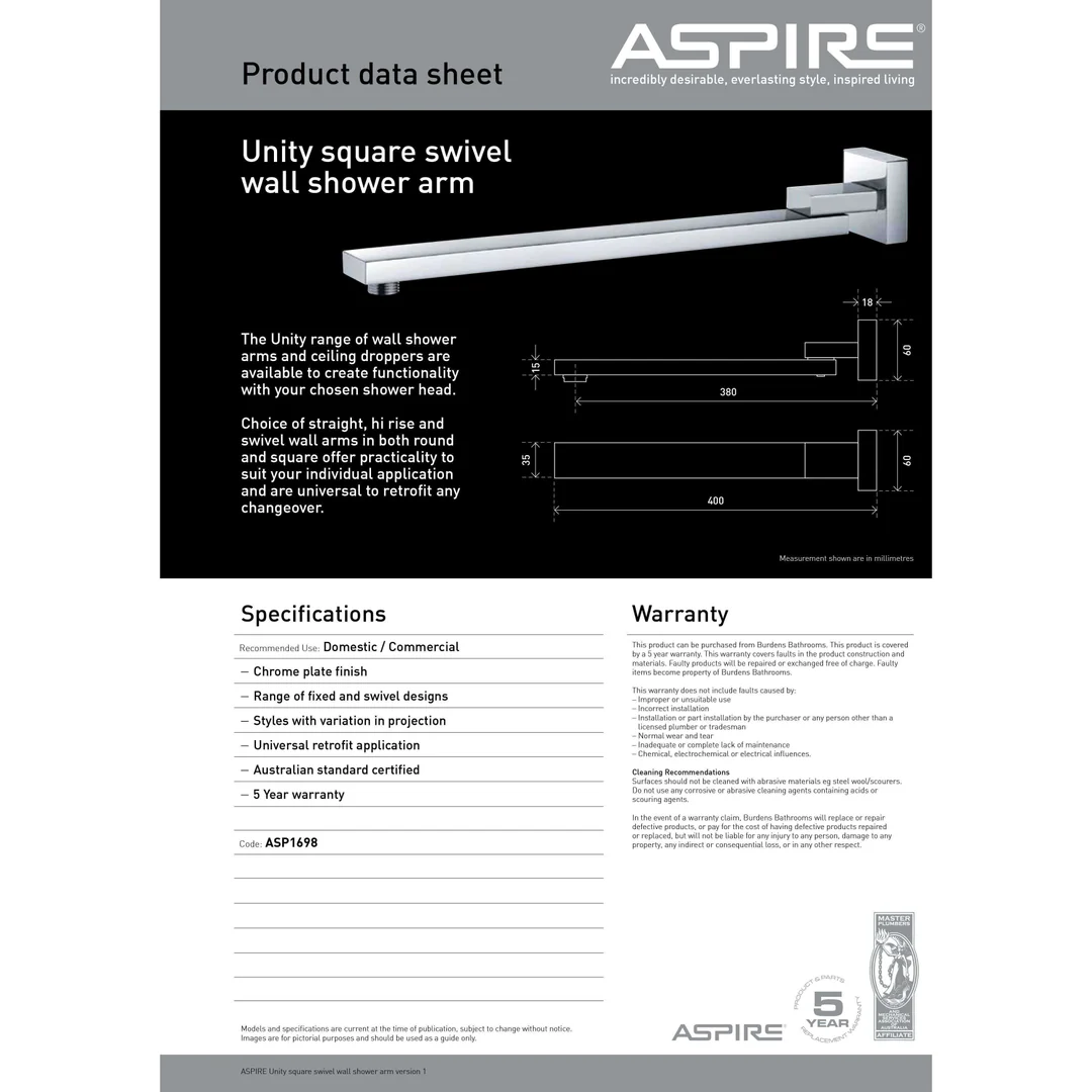 Aspire Unity Shower Wall Arm Swivel Square Chrome - Image 3