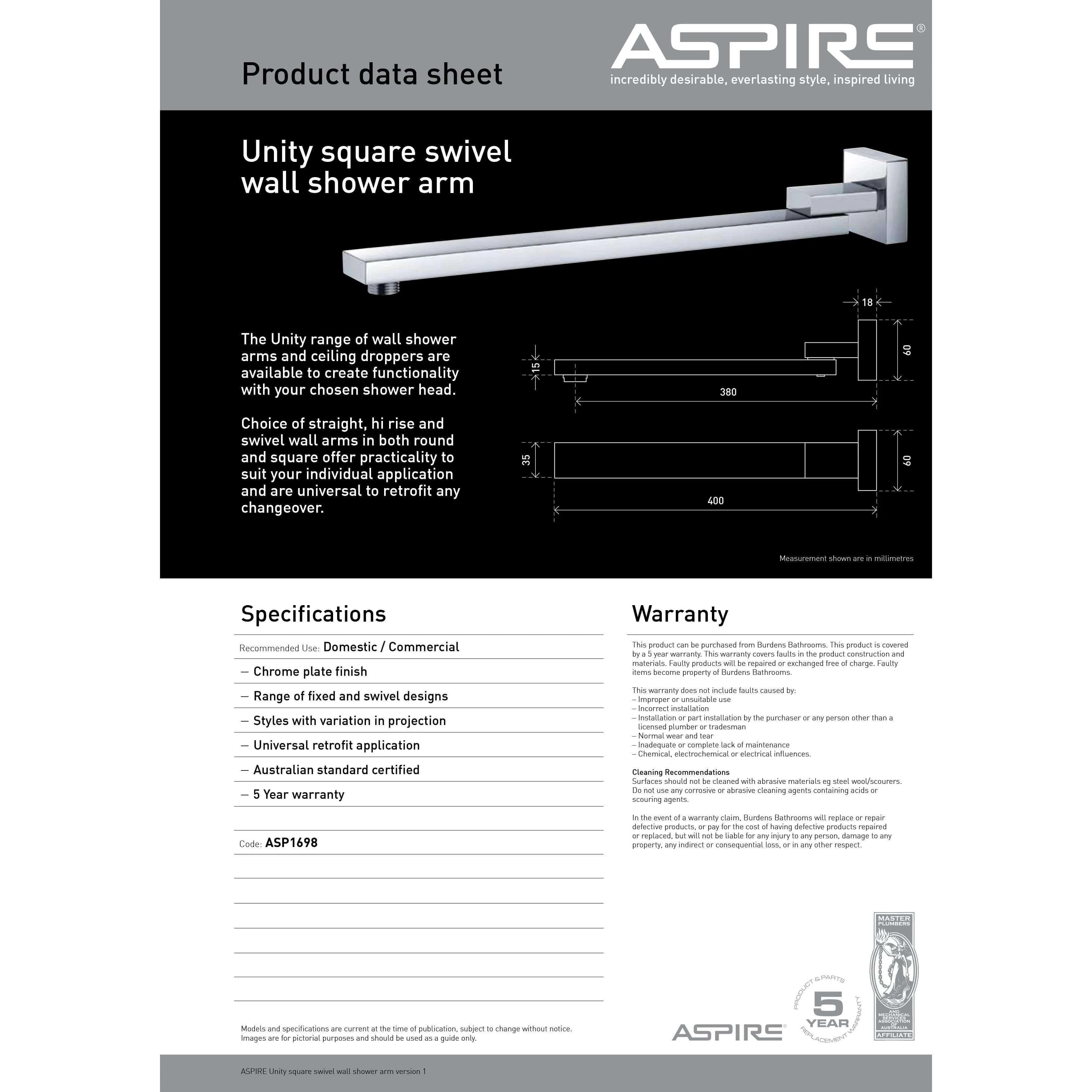 Aspire Unity Shower Wall Arm Swivel Square Chrome - Image 5