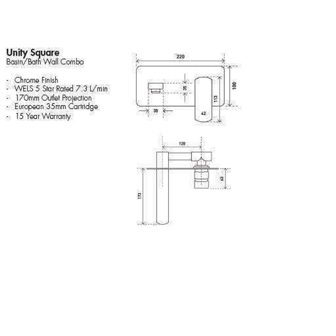 Aspire Unity *Sq* Basin/Bath Wall Mixer Combo 170mm Spout - Image 3