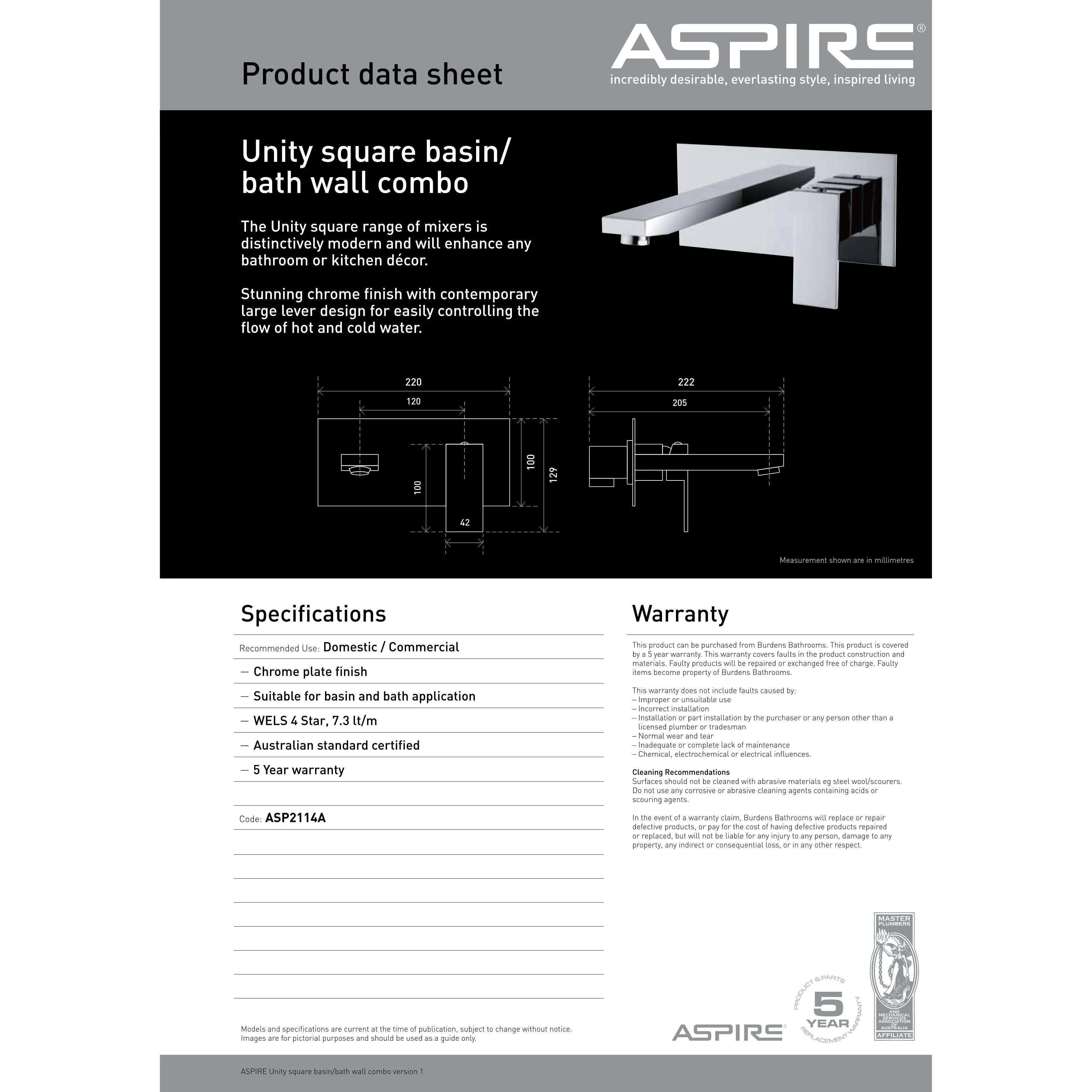 Aspire Unity *Sq* Basin/Bath Wall Mixer Combo 170mm Spout - Image 7
