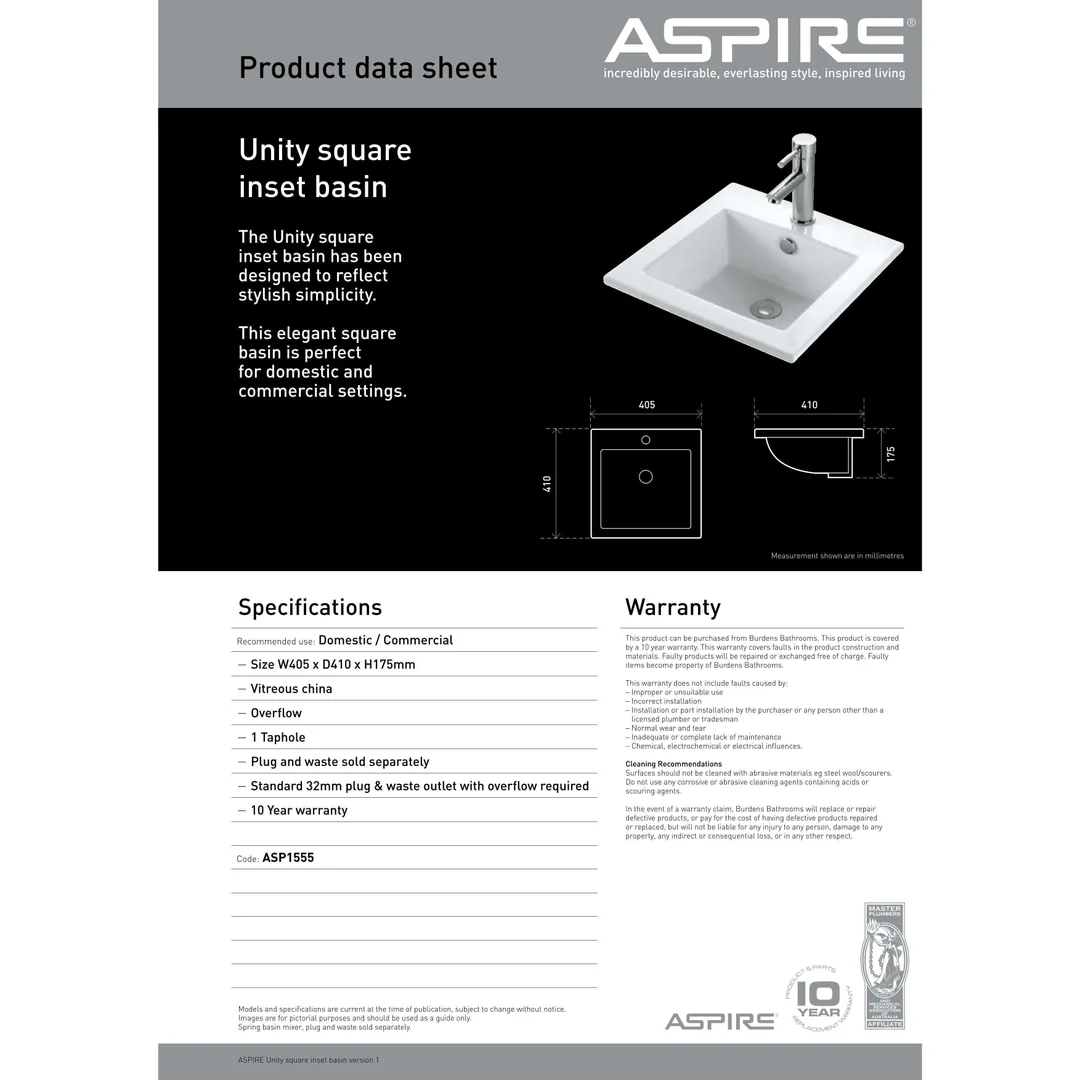 Aspire Unity Square Inset Basin White 1 Tap Hole 425 X 425 X 170 - Image 4