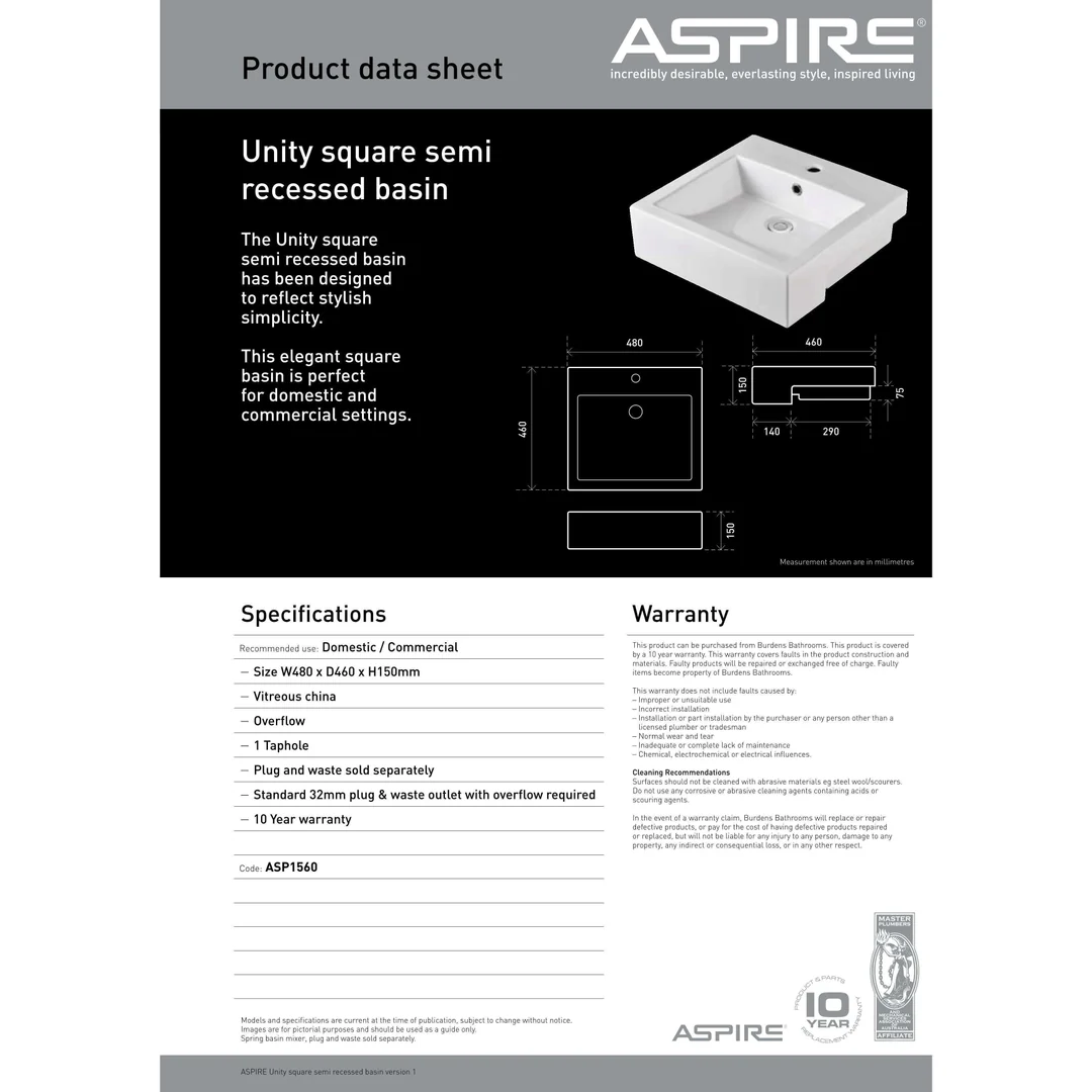 Aspire Unity Square Semi Recessed Basin White 1 Tap Hole 480 X 460 - Image 4