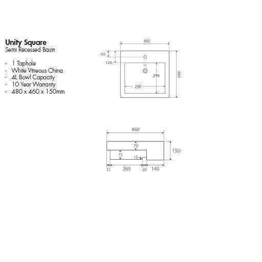 Aspire Unity Square Semi Recessed Basin White 1 Tap Hole 480 X 460 - Image 6