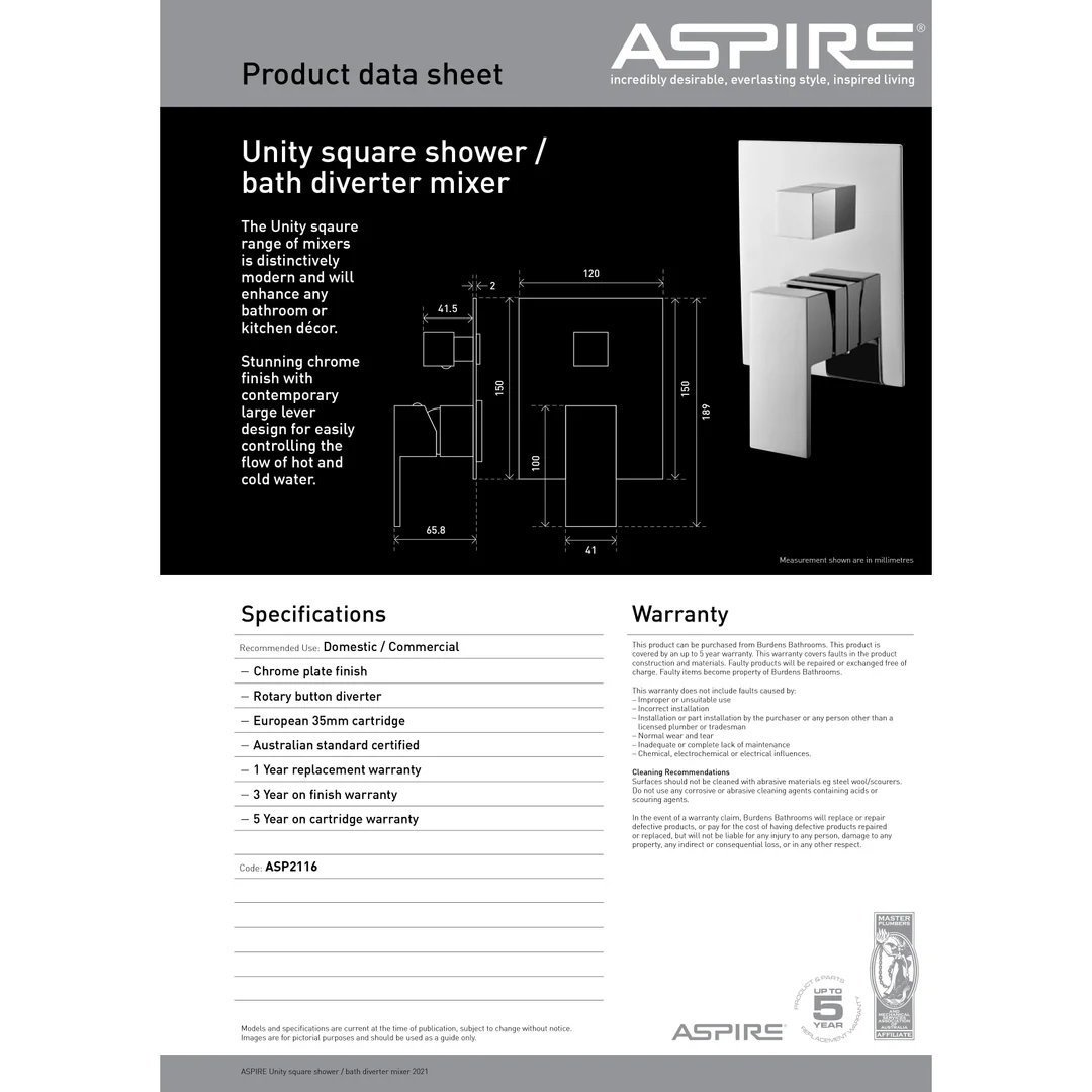 Aspire Unity **Square** Shower Mixer W/ Diverter Chrome - Image 3
