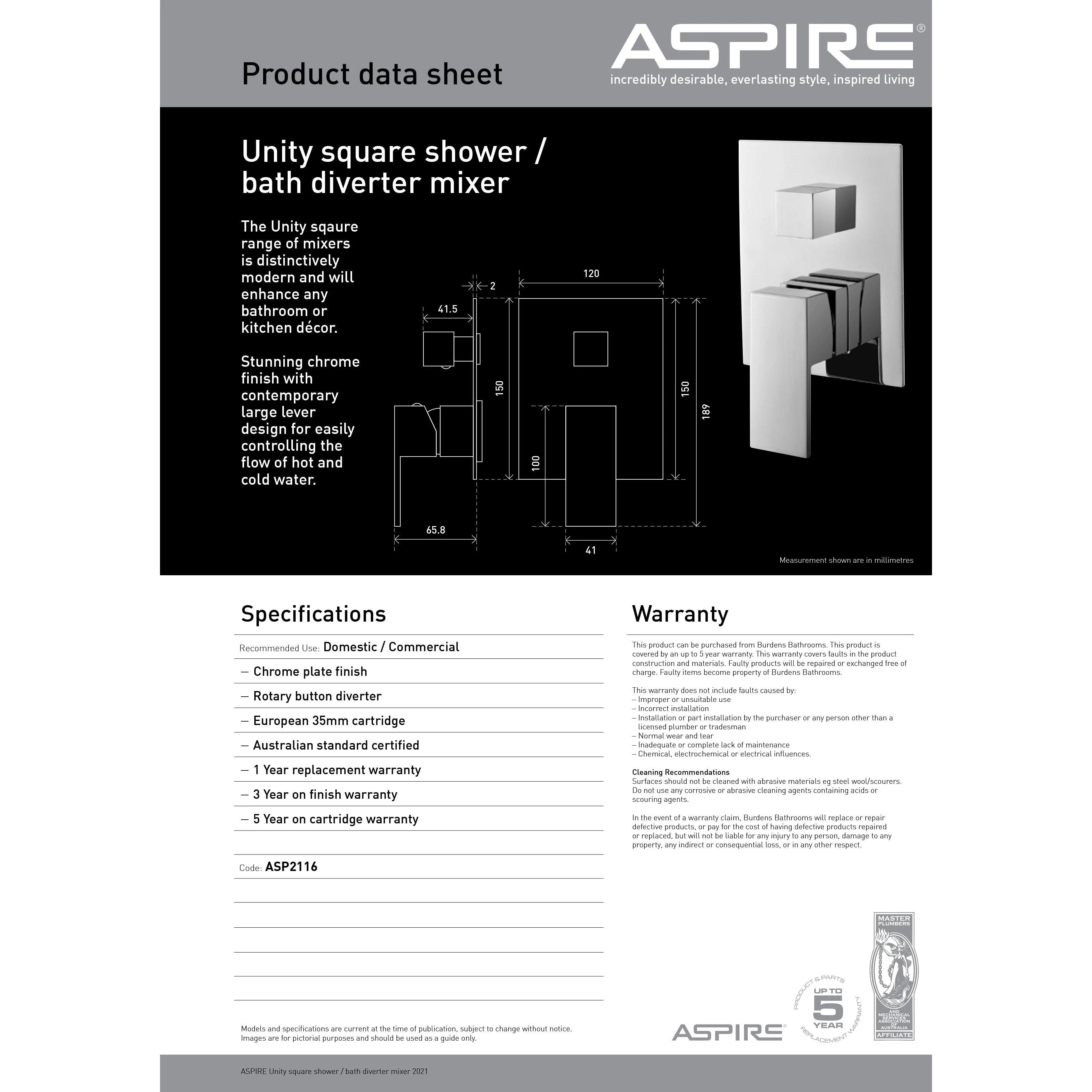 Aspire Unity **Square** Shower Mixer W/ Diverter Chrome - Image 6