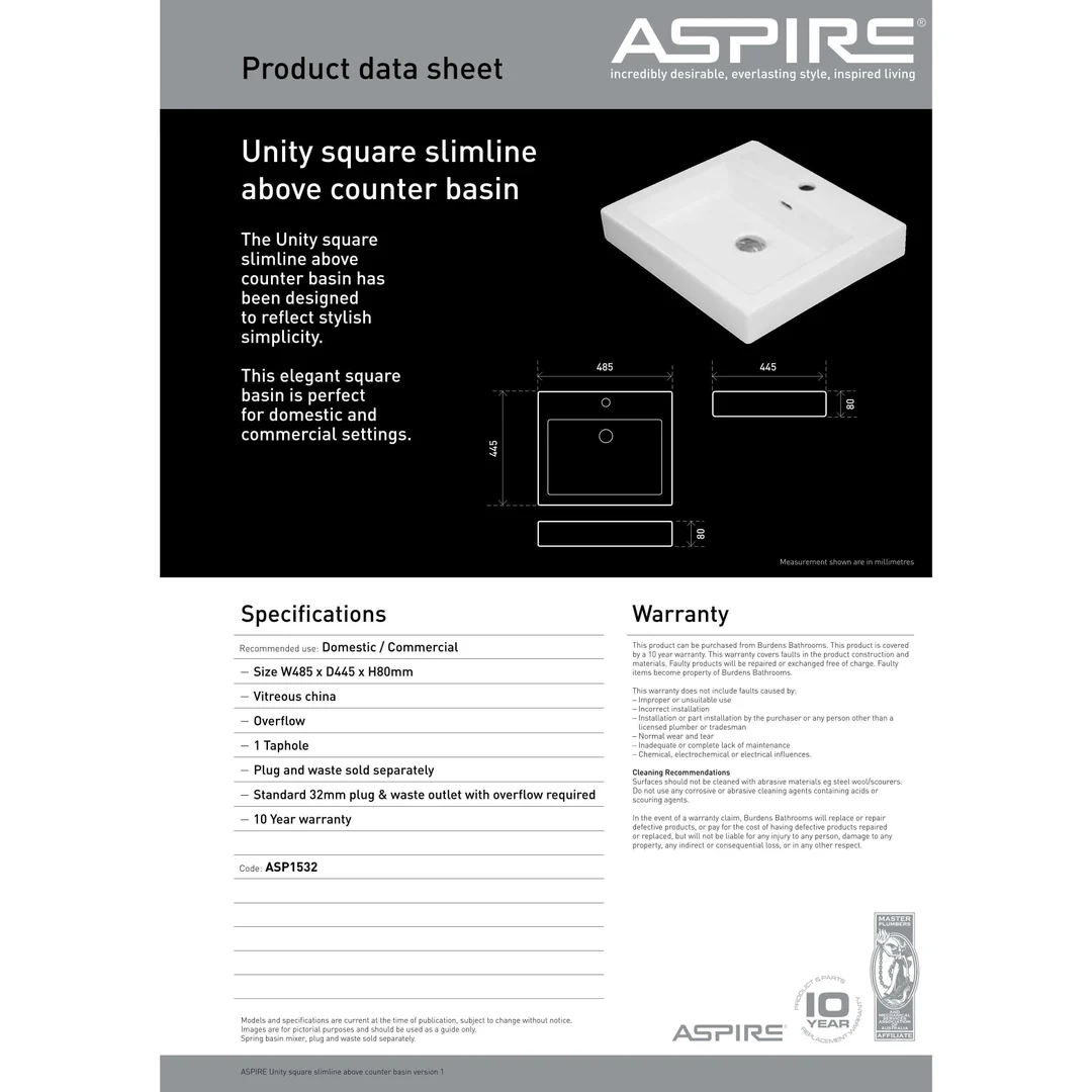 Aspire Unity Square Slimline Above Counter Basin 1 Tap Hole  7078 - Image 4