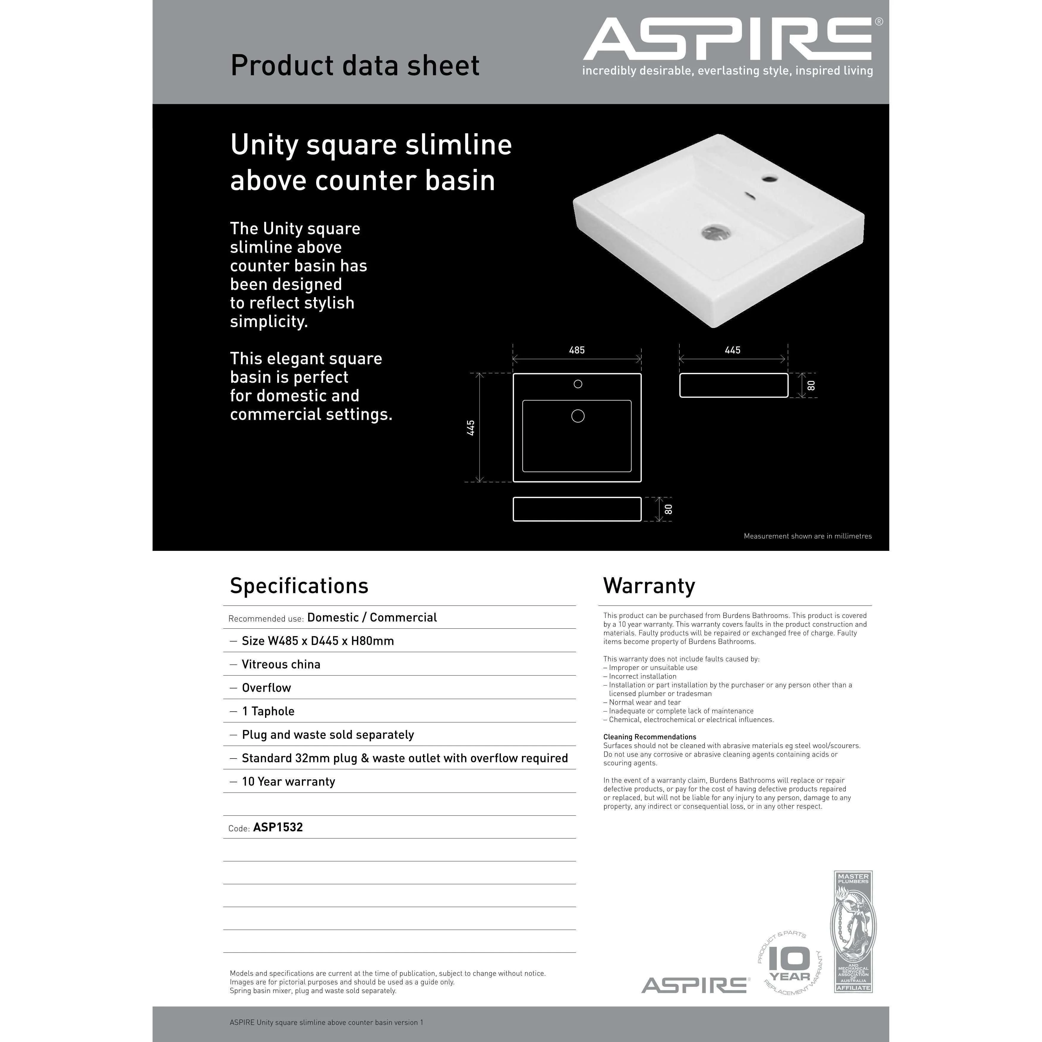 Aspire Unity Square Slimline Above Counter Basin 1 Tap Hole  7078 - Image 7