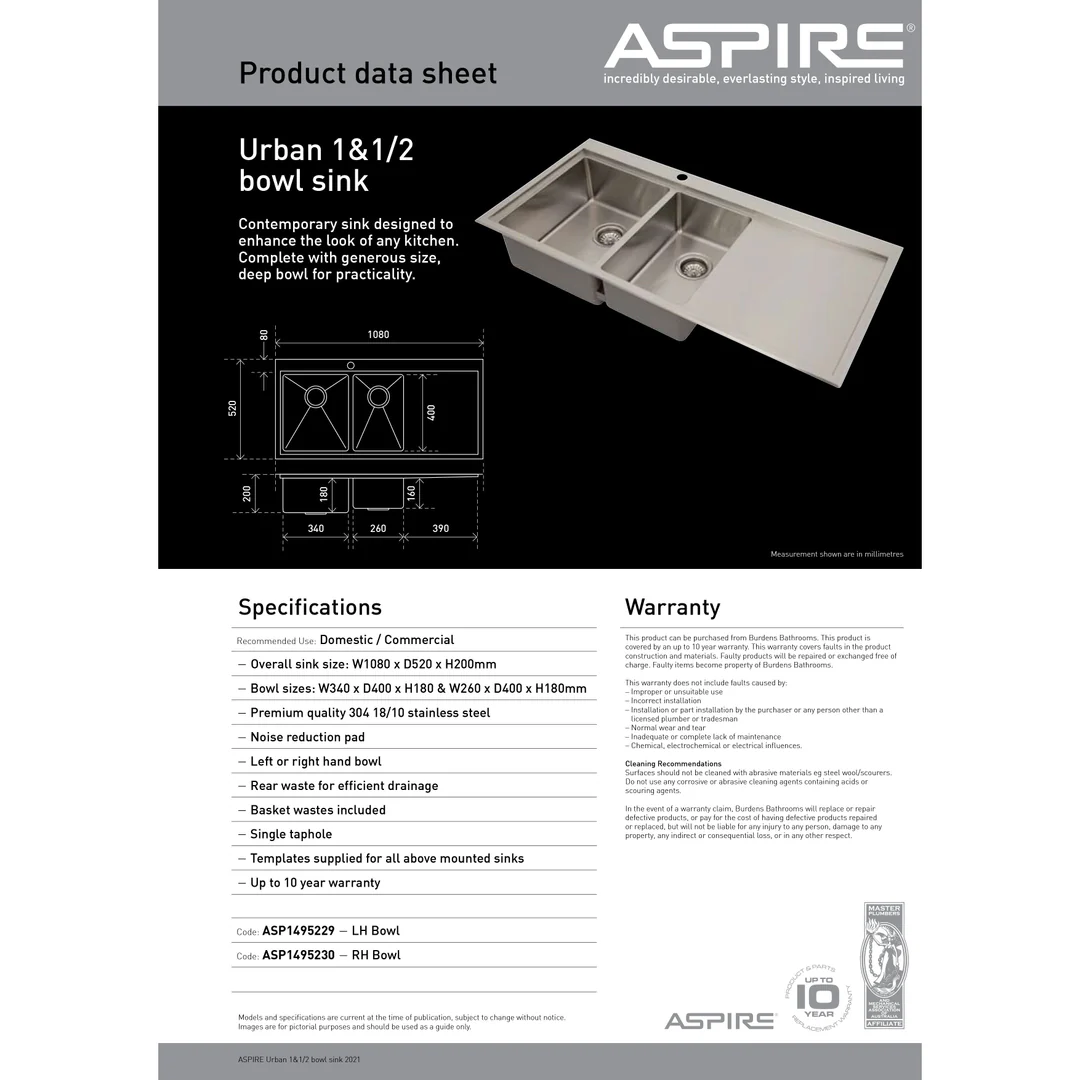 Aspire Urban 1 1/2 Rh Bowl 1080 X 520 S/Steel Sink **Rh751R** - Image 3