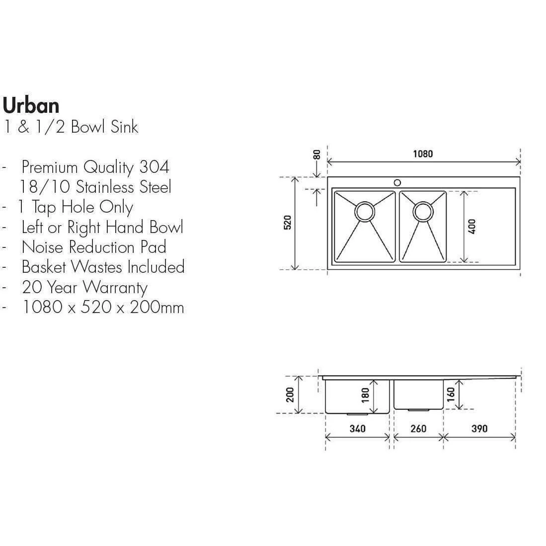 Aspire Urban 1 1/2 Lh Bowl 1080 X 520 S/Steel Sink ** Rh751L** - Image 3