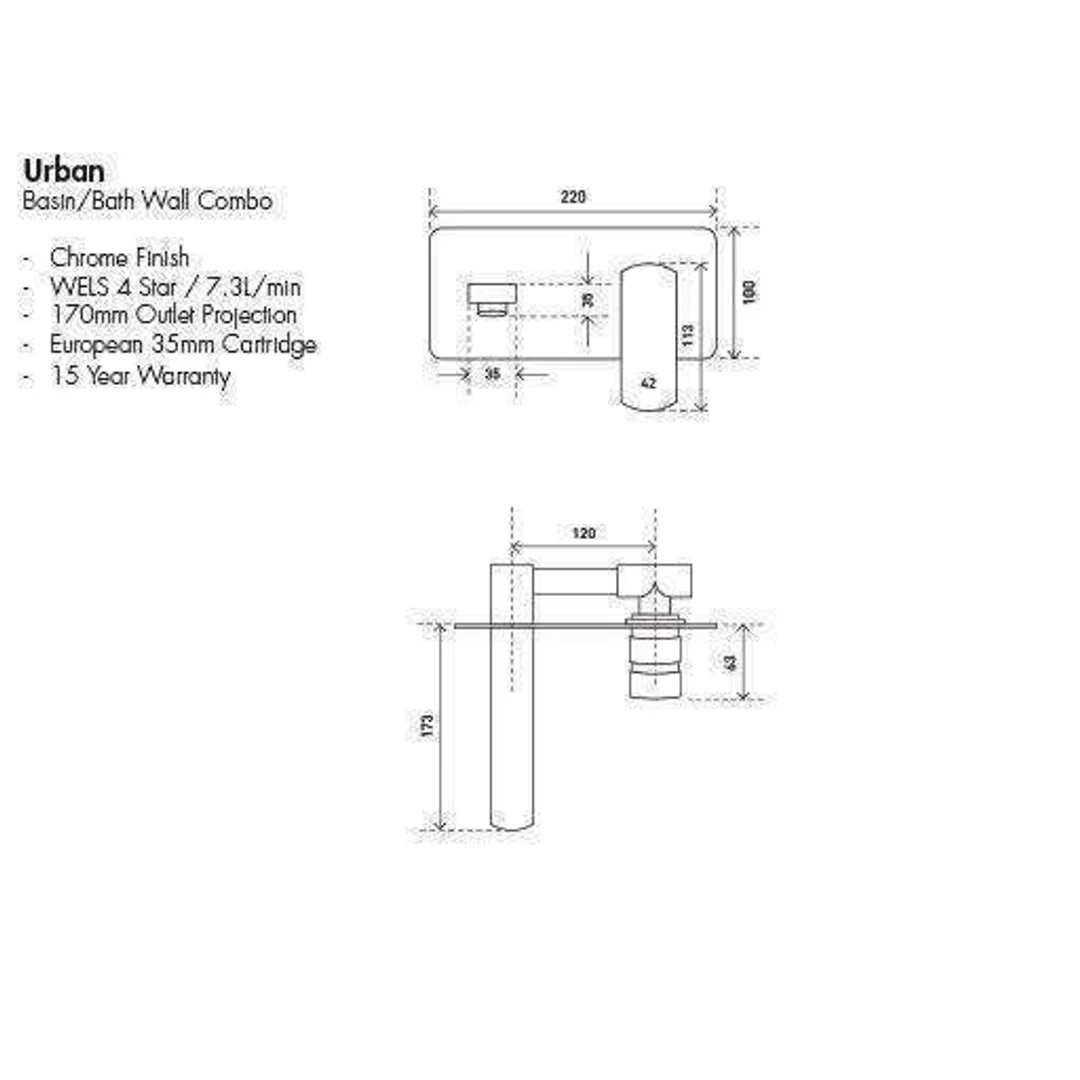 Aspire Urban Basin/Bath Wall Mixer Combo Chrome 170mm Spout - Image 2