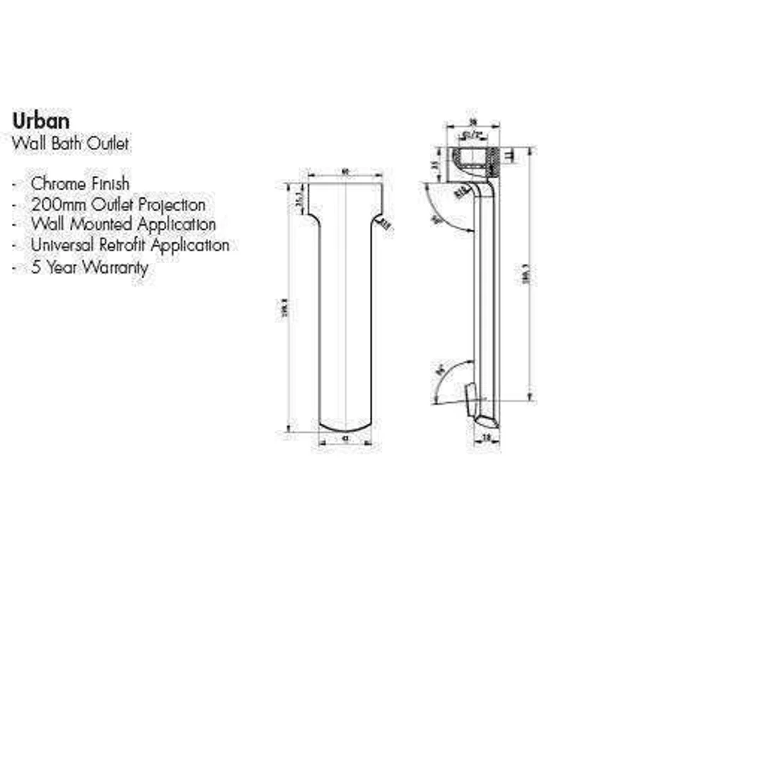 Aspire Urban Wall Bath Outlet 200mm Chrome - Image 3