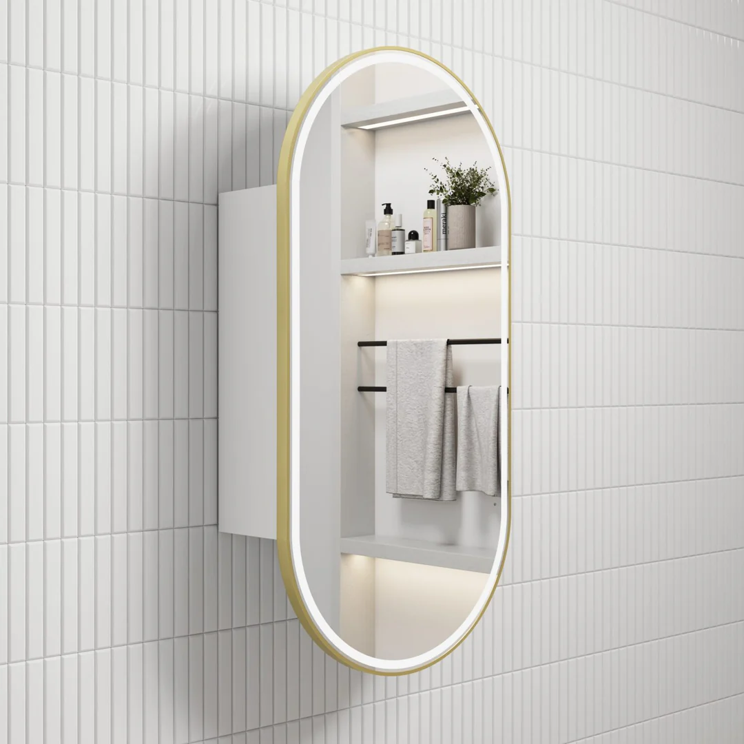 Aulic Beau Monde Led Shaving Cabinet Matte White And Brushed Gold Frame - Image 2