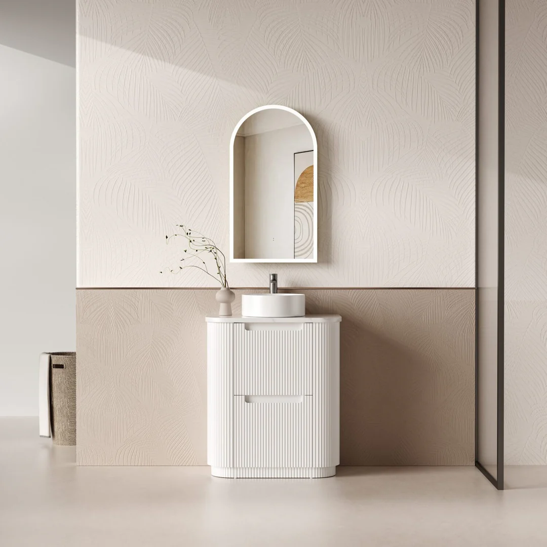 Aulic Curva Floor Standing Matt White Fluted Curved Cabinet 750X460X880mm With Snow Flat Stone Top - Image 3