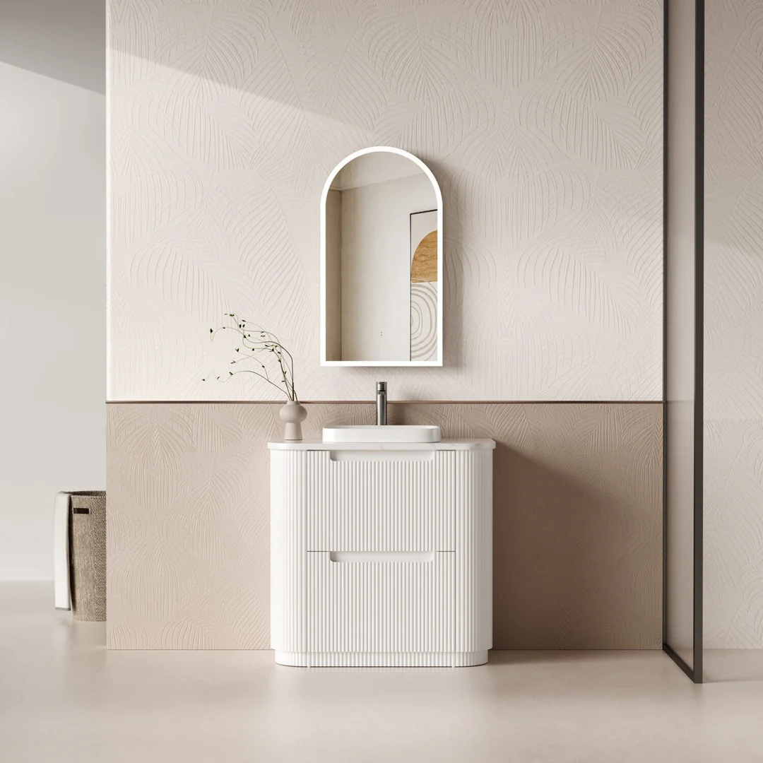 Aulic Curva Floor Standing Matt White Fluted Curved Cabinet 900X460X880mm With Snow Flat Stone Top - Image 3