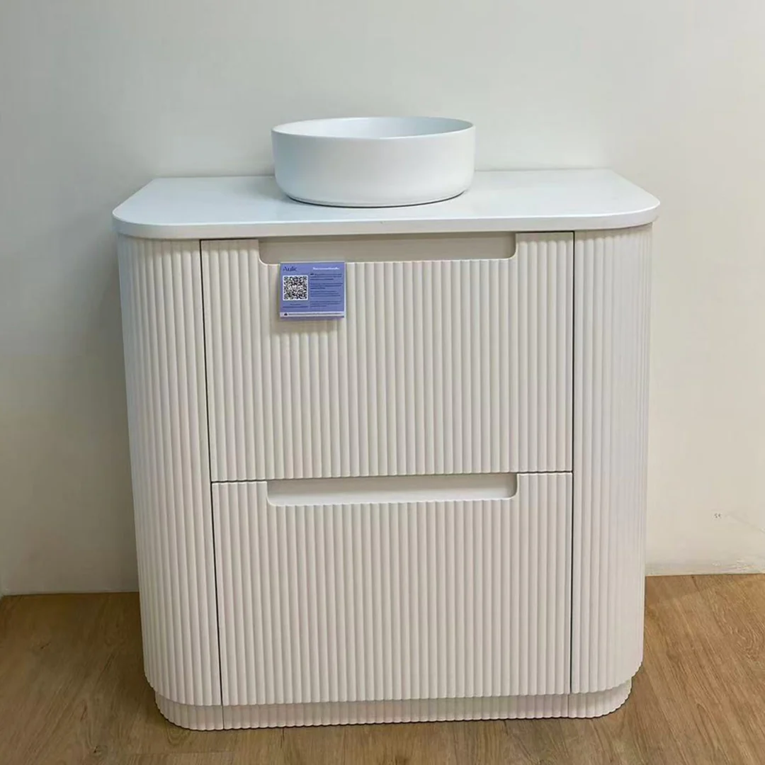 Aulic Curva Floor Standing Matt White Fluted Curved Cabinet 900X460X880mm With Snow Flat Stone Top - Image 4