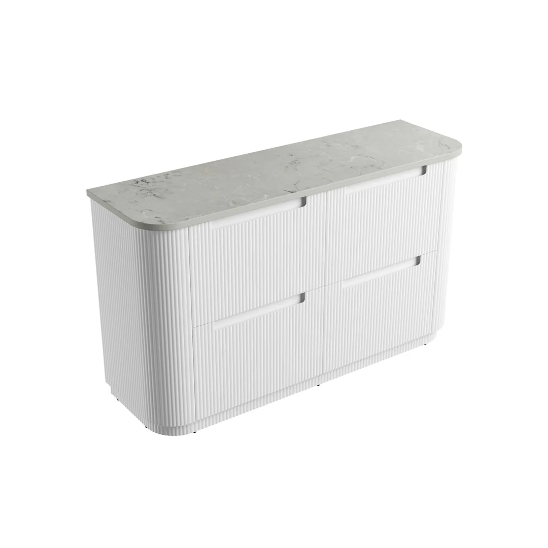 Aulic Curva Floor Standing Single Matt White Fluted Curved Cabinet 1500X460X880mm & Alpine Flat Stone Top