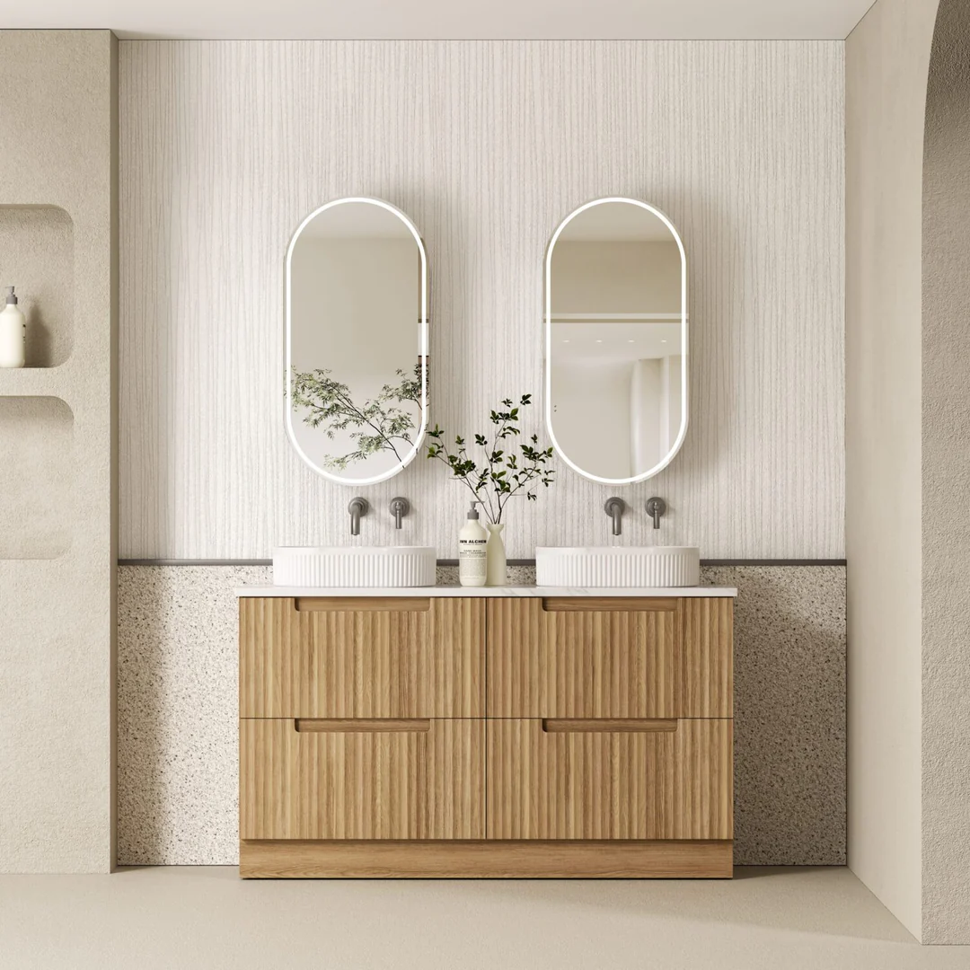 Aulic Lovina Floor Standing Double Harvest Oak Fluted Cabinet 1500X460X425mm & Alpine Undermount Stone Top - Image 2