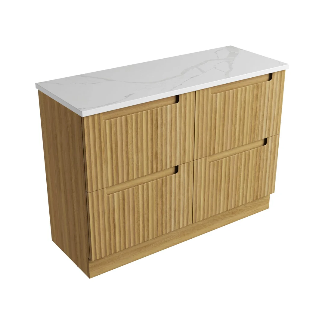Aulic Lovina Floor Standing Harvest Oak Fluted Cabinet 1200X460X425mm With Alpine Undermount Stone Top