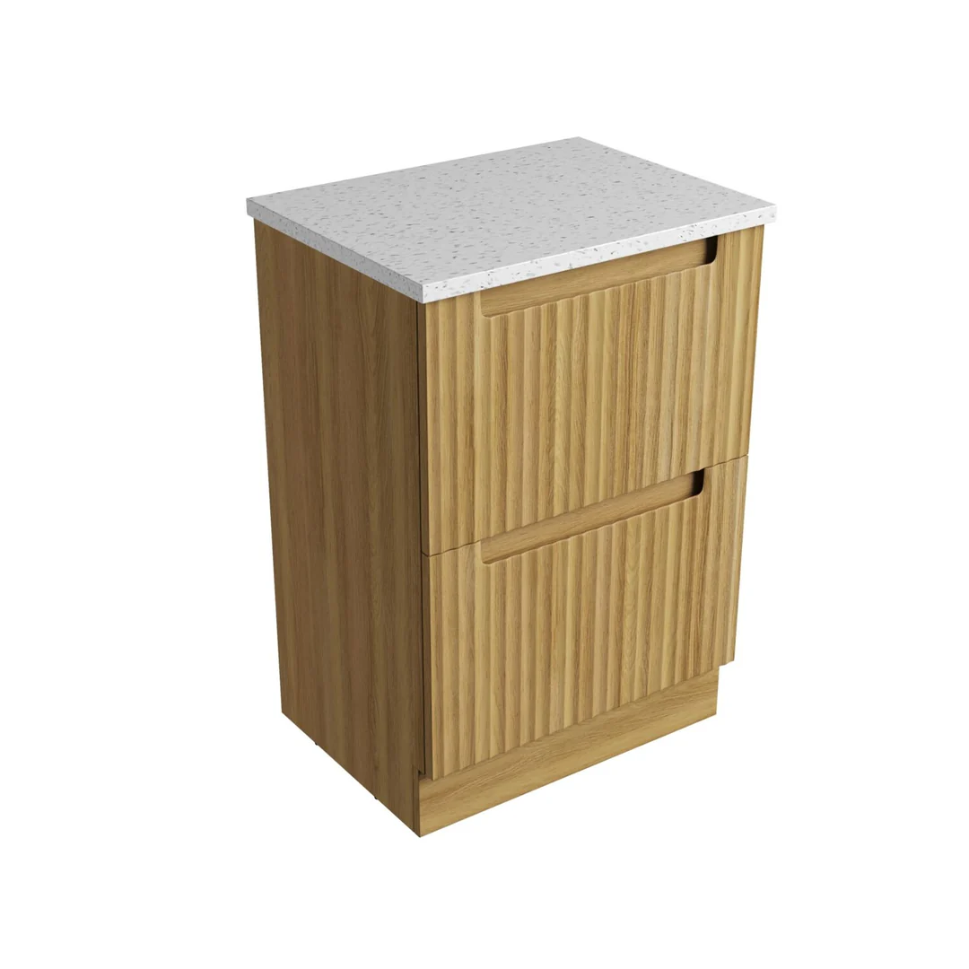 Aulic Lovina Floor Standing Harvest Oak Fluted Cabinet 600X460X425mm With Snow Flat Stone Top