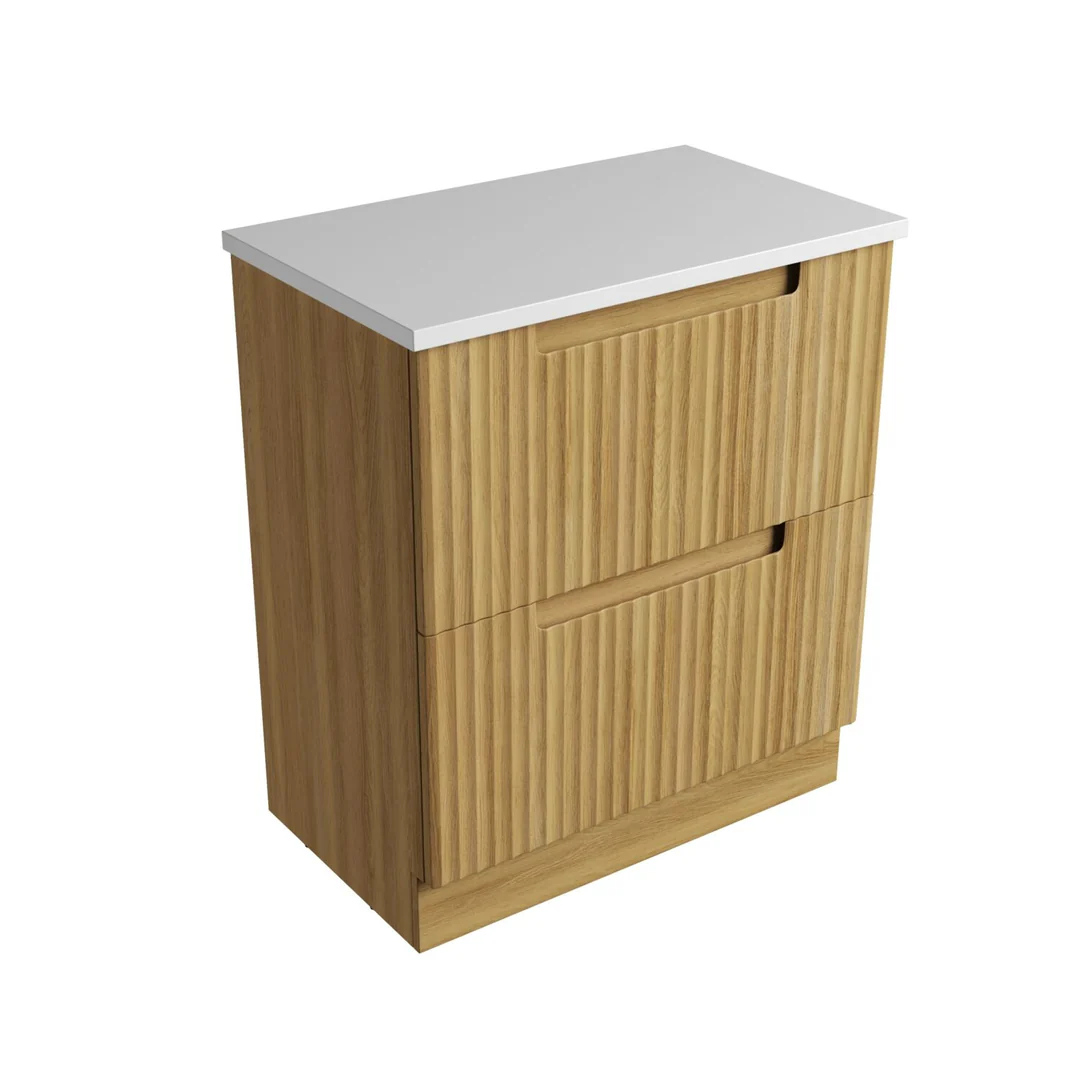 Aulic Lovina Floor Standing Harvest Oak Fluted Cabinet 750X460X425mm With Pure Flat Stone Top