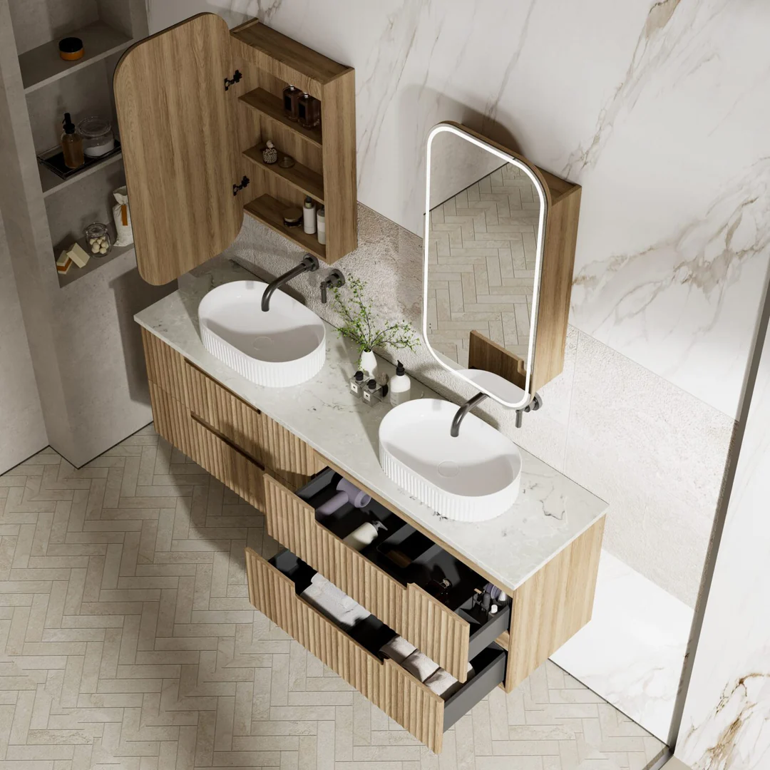 Aulic Lovina Tier Wall Hung Double Harvest Oak Fluted Cabinet 1500X460X420mm With Ceramic Top - Image 5