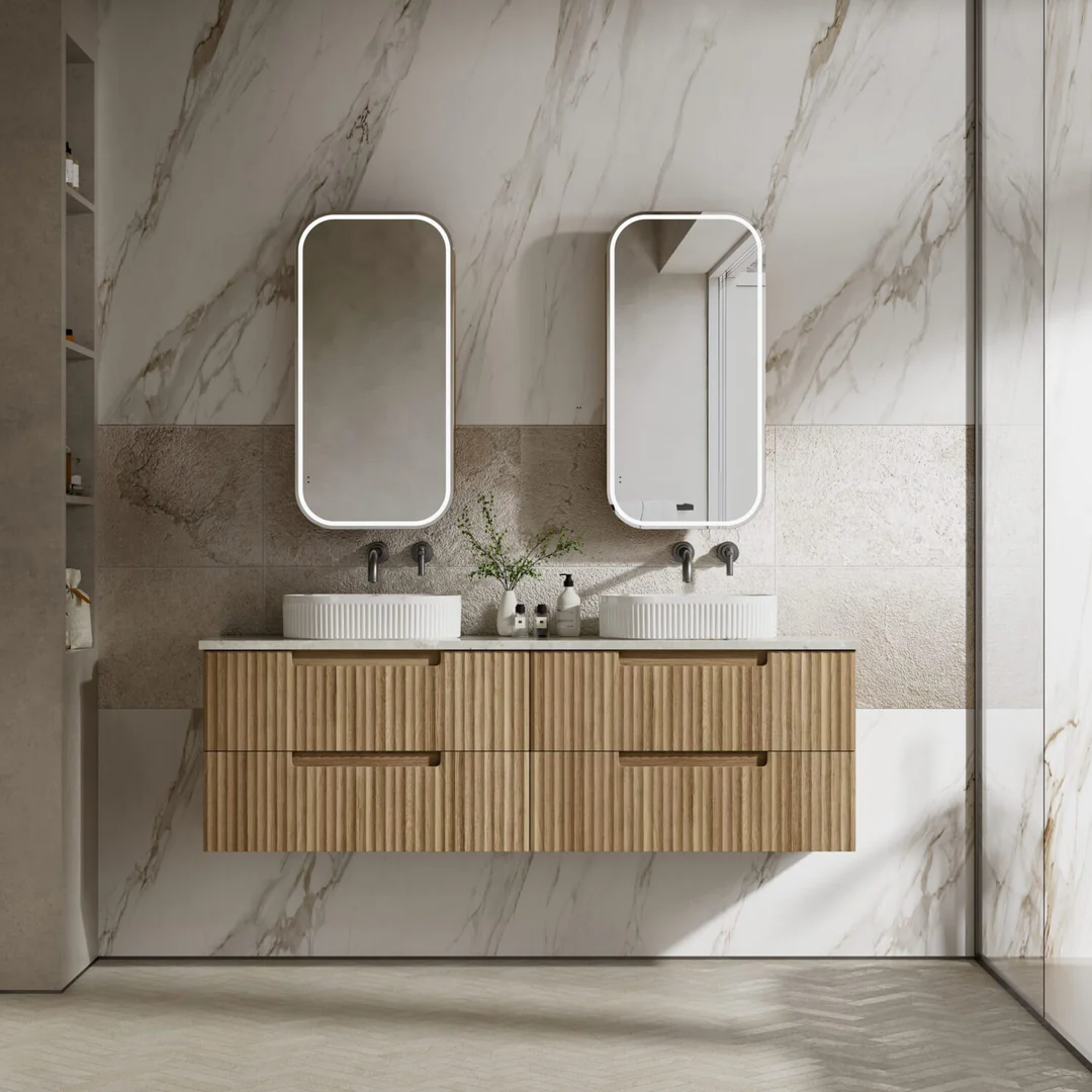 Aulic Lovina Tier Wall Hung Double Harvest Oak Fluted Cabinet 1800X460X425mm & Palis Flat Stone Top - Image 3