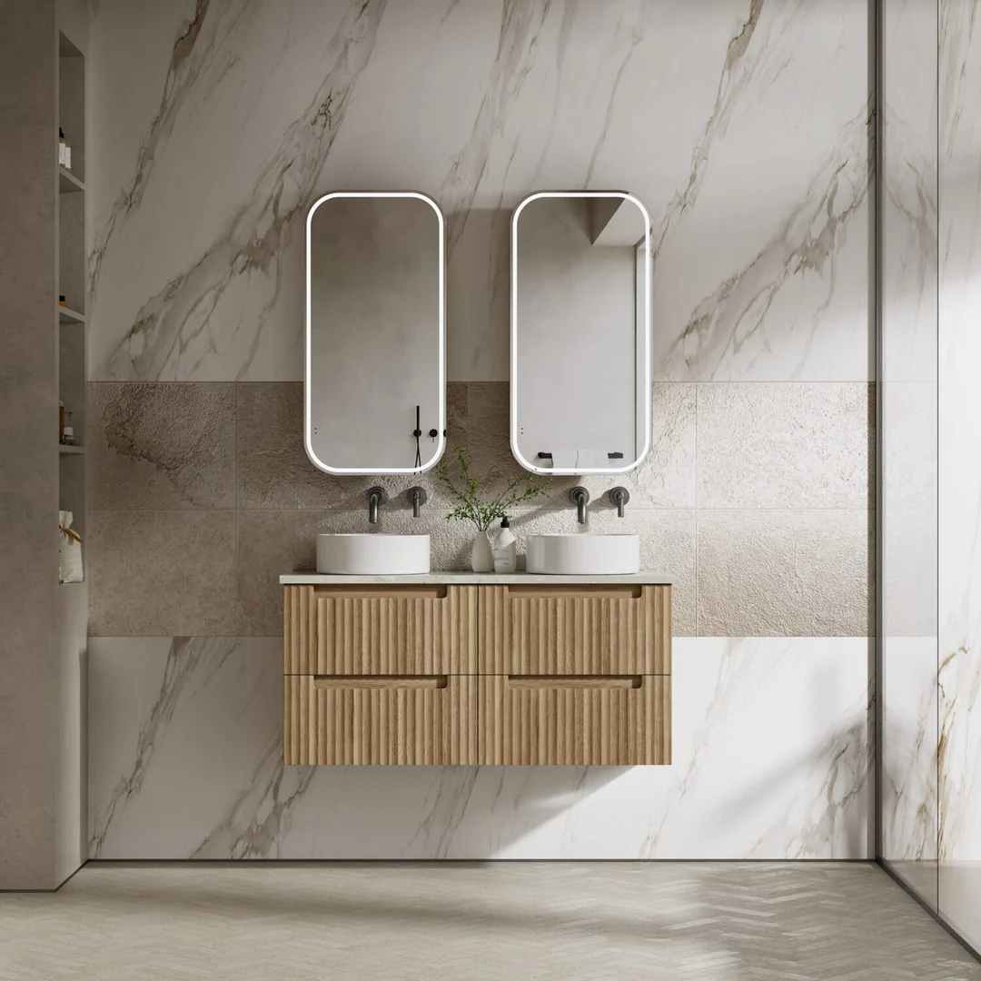 Aulic Lovina Tier Wall Hung Harvest Oak Fluted Cabinet 1200X460X420mm With Ceramic Top - Image 3