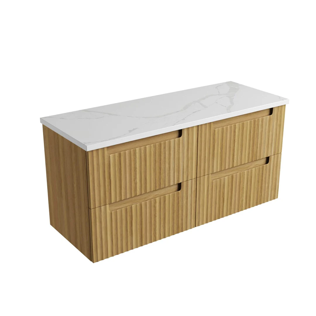 Aulic Lovina Tier Wall Hung Harvest Oak Fluted Cabinet 1200X460X425mm With Palis White Flat Stone Top