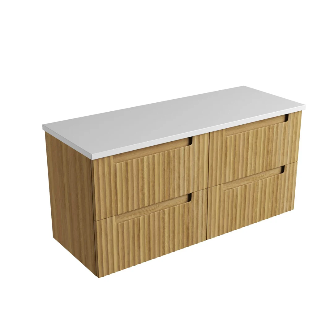 Aulic Lovina Tier Wall Hung Harvest Oak Fluted Cabinet 1200X460X425mm With Pure Flat Stone Top