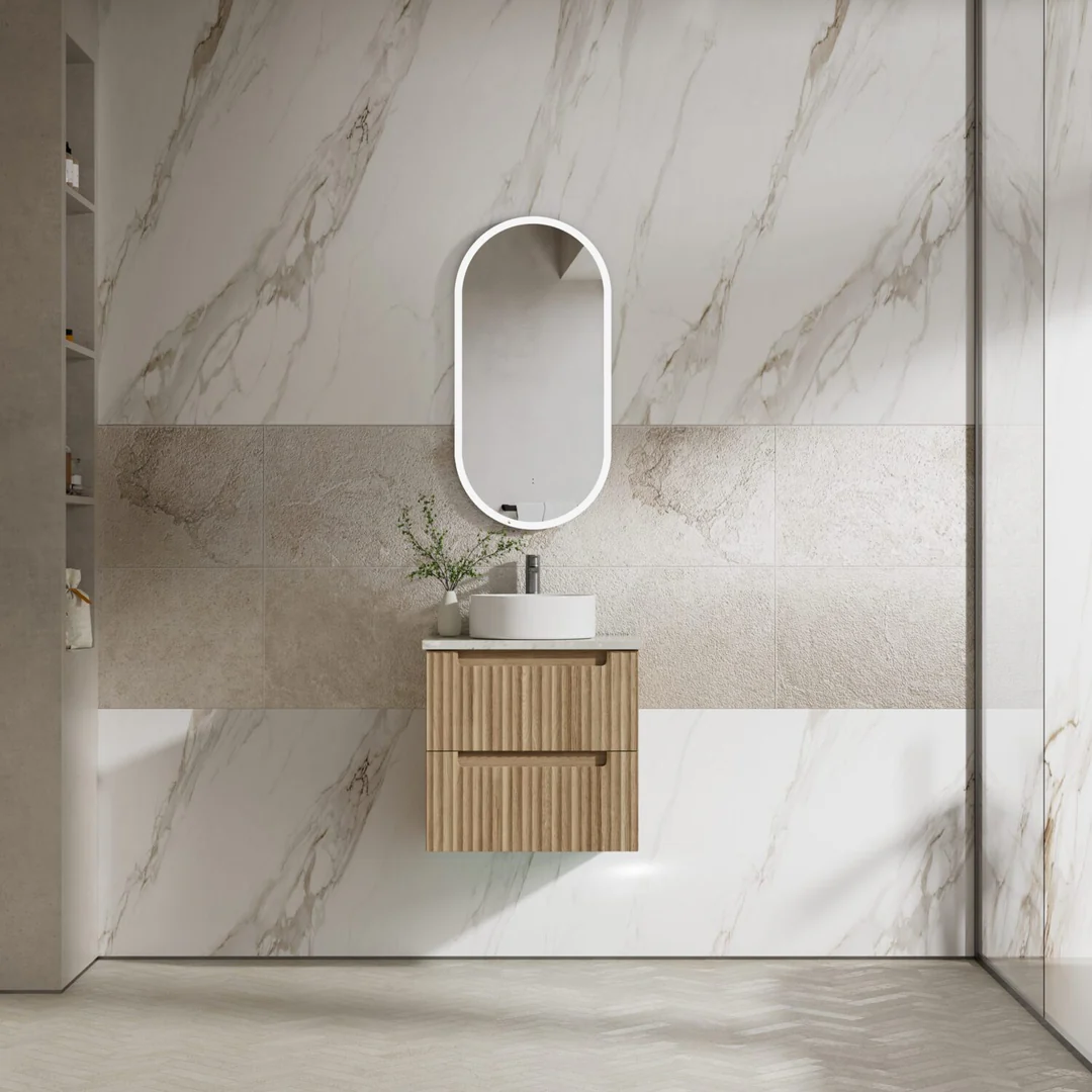 Aulic Lovina Tier Wall Hung Harvest Oak Fluted Cabinet 750X460X425mm With Pure Flat Stone Top - Image 3