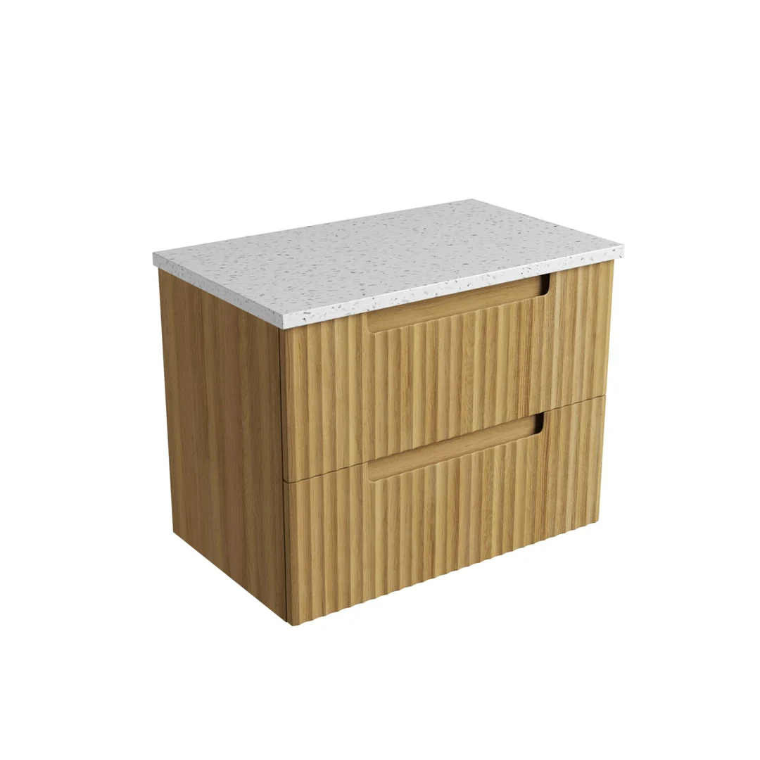 Aulic Lovina Tier Wall Hung Harvest Oak Fluted Cabinet 750X460X425mm With Pure Undermount Stone Top