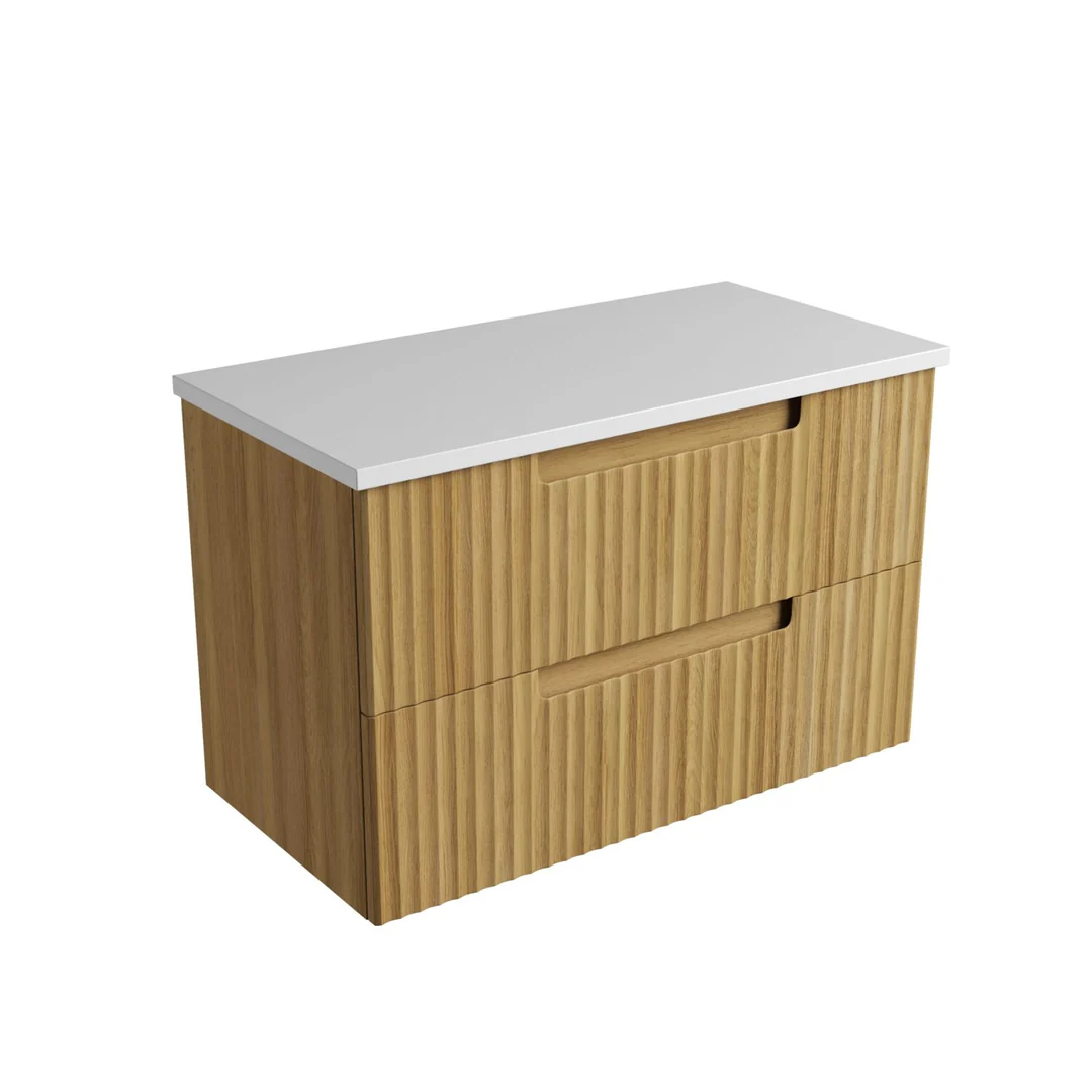 Aulic Lovina Tier Wall Hung Harvest Oak Fluted Cabinet 900X460X425mm With Pure Flat Stone Top