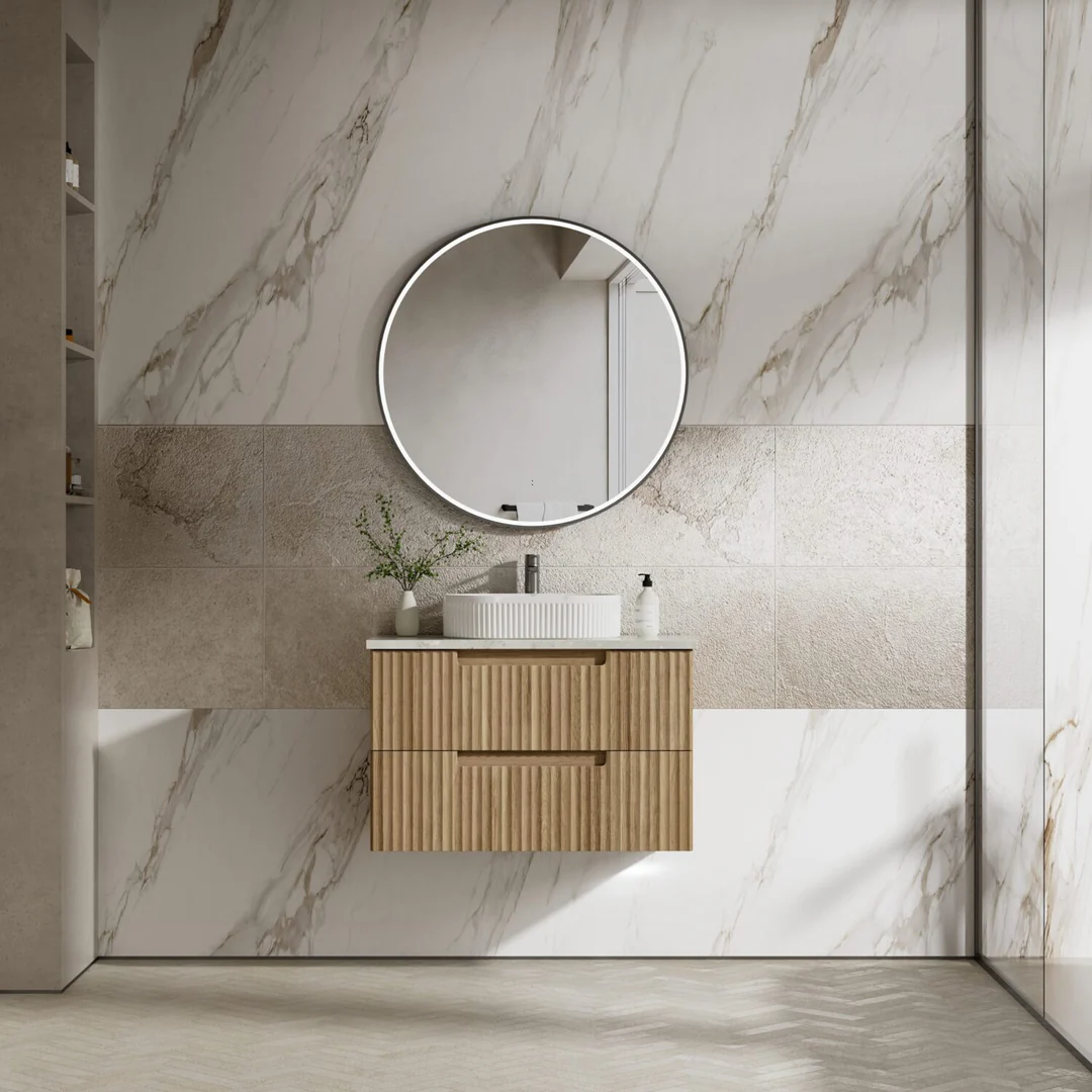 Aulic Lovina Tier Wall Hung Harvest Oak Fluted Cabinet 900X460X425mm With Snow Flat Stone Top - Image 3