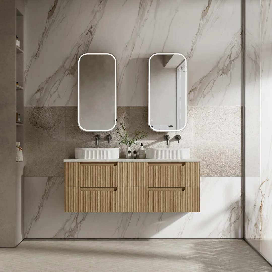 Aulic Lovina Tier Wall Hung Sgl H/Oak Fluted Cabinet 1500X460X425mm & Alpine Undermount Stone Top - Image 3