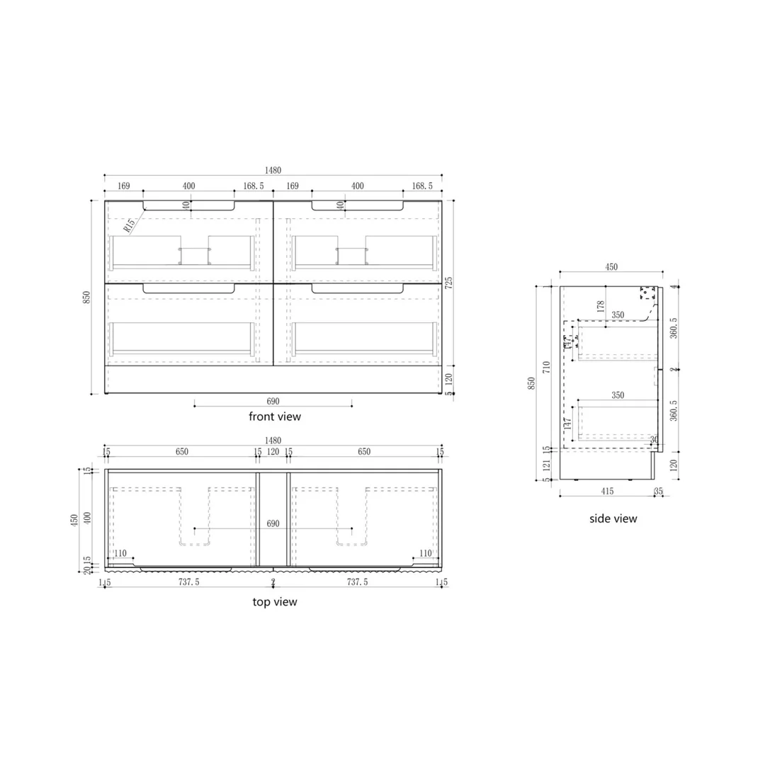 Aulic Lovina Tier Wall Hung Sgl H/Oak Fluted Cabinet 1500X460X425mm & Palis White Flat Stone Top - Image 2