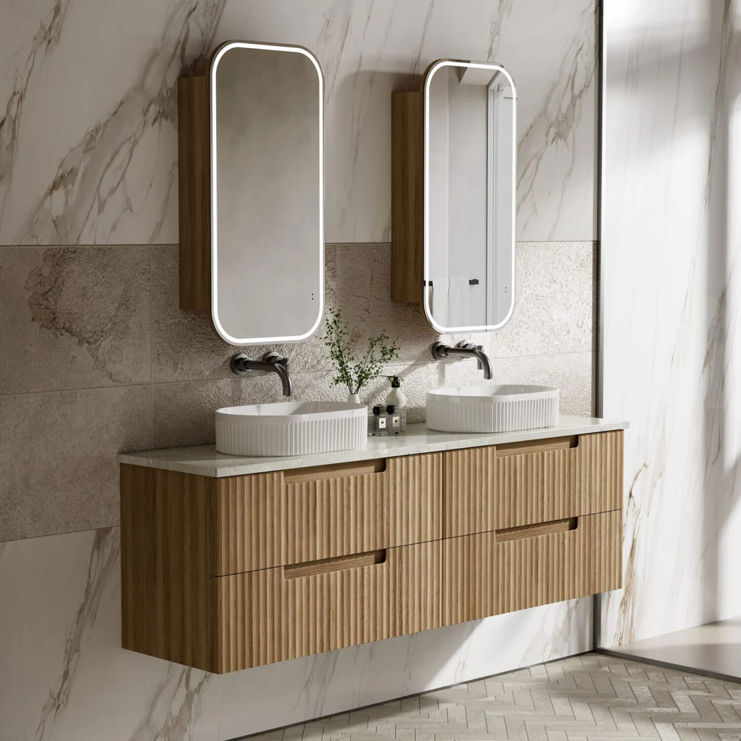 Aulic Lovina Tier Wall Hung Single Harvest Oak Fluted Cabinet 1500X460X420mm With Ceramic Top - Image 4