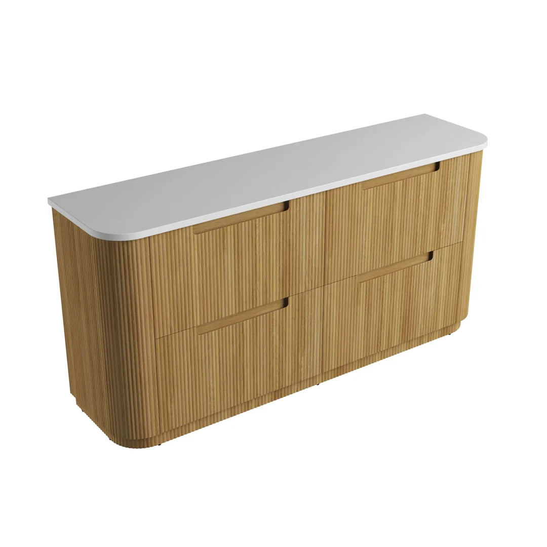 Aulic Varcelli Floor Standing Dbl Harvest Oak Fluted Curved Cabinet 1800X460X880mm & Pure Flat Stone Top