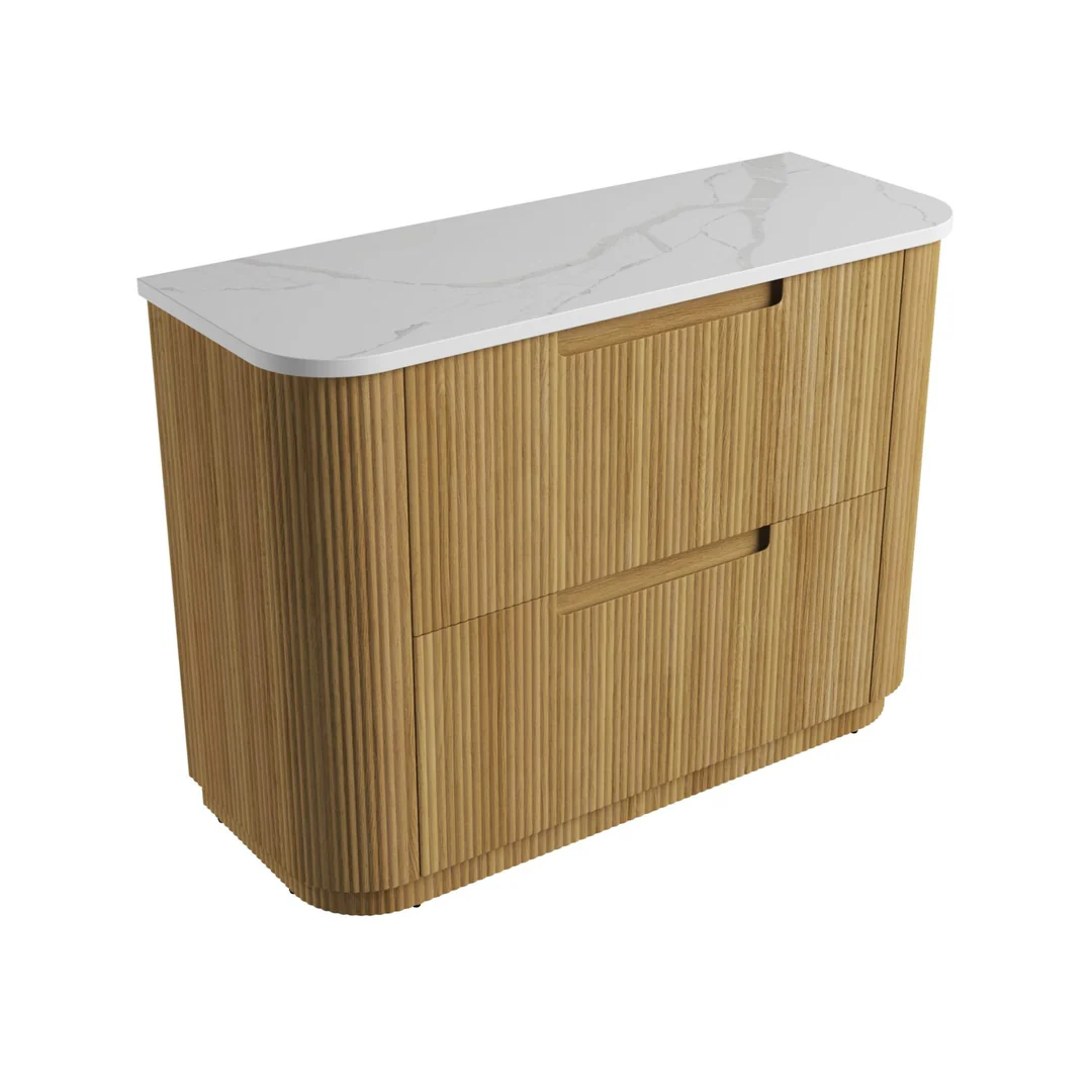 Aulic Varcelli Floor Standing Harvest Oak Fluted Curved Cabinet 1200X460X880mm & Palis White Flat Stone Top
