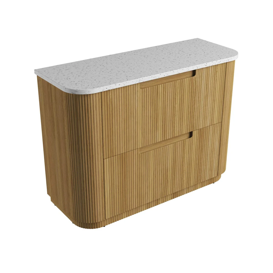 Aulic Varcelli Floor Standing Harvest Oak Fluted Curved Cabinet 1200X460X880mm With Snow Flat Stone Top